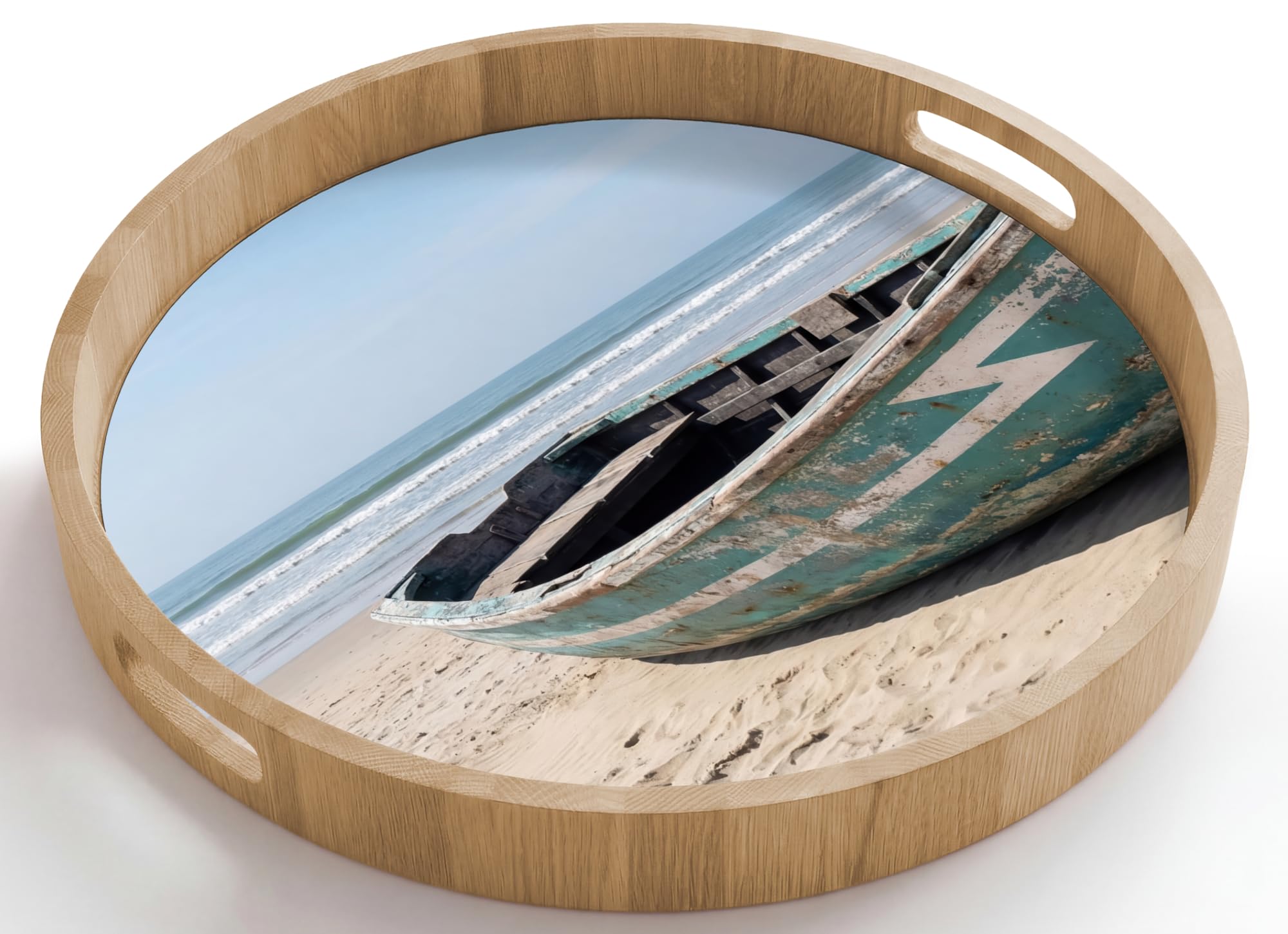 Bandeja Madera De Roble Redonda 50x50 cm Bandejas Desayuno para Servir Comida Cocina Resistente Al Calor Cafe Tray Tabuleiro Barco - Playa Arena - Mar