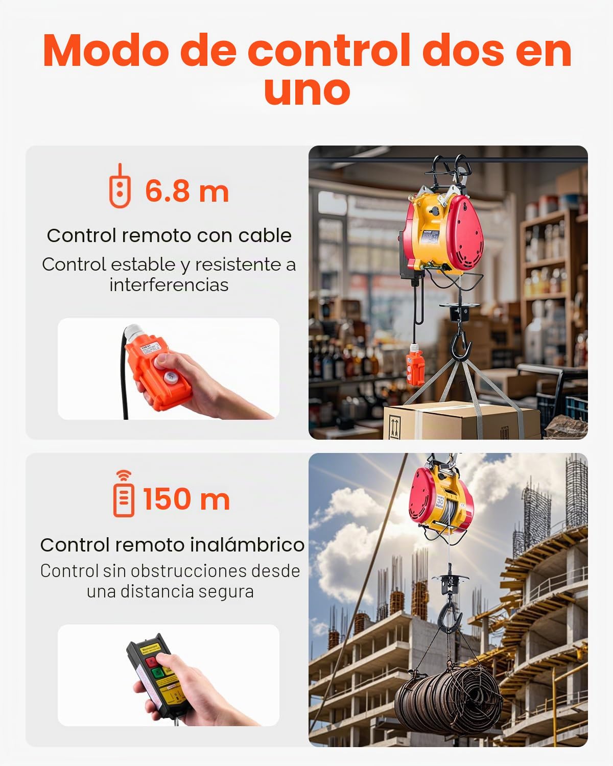 VEVOR Cabrestante eléctrico de 500 kg de capacidad, cabrestante eléctrico portátil de 1800 W, altura de elevación 30 m, 11 m/min con mando a distancia de cable e inalámbrico, para garaje, fábrica