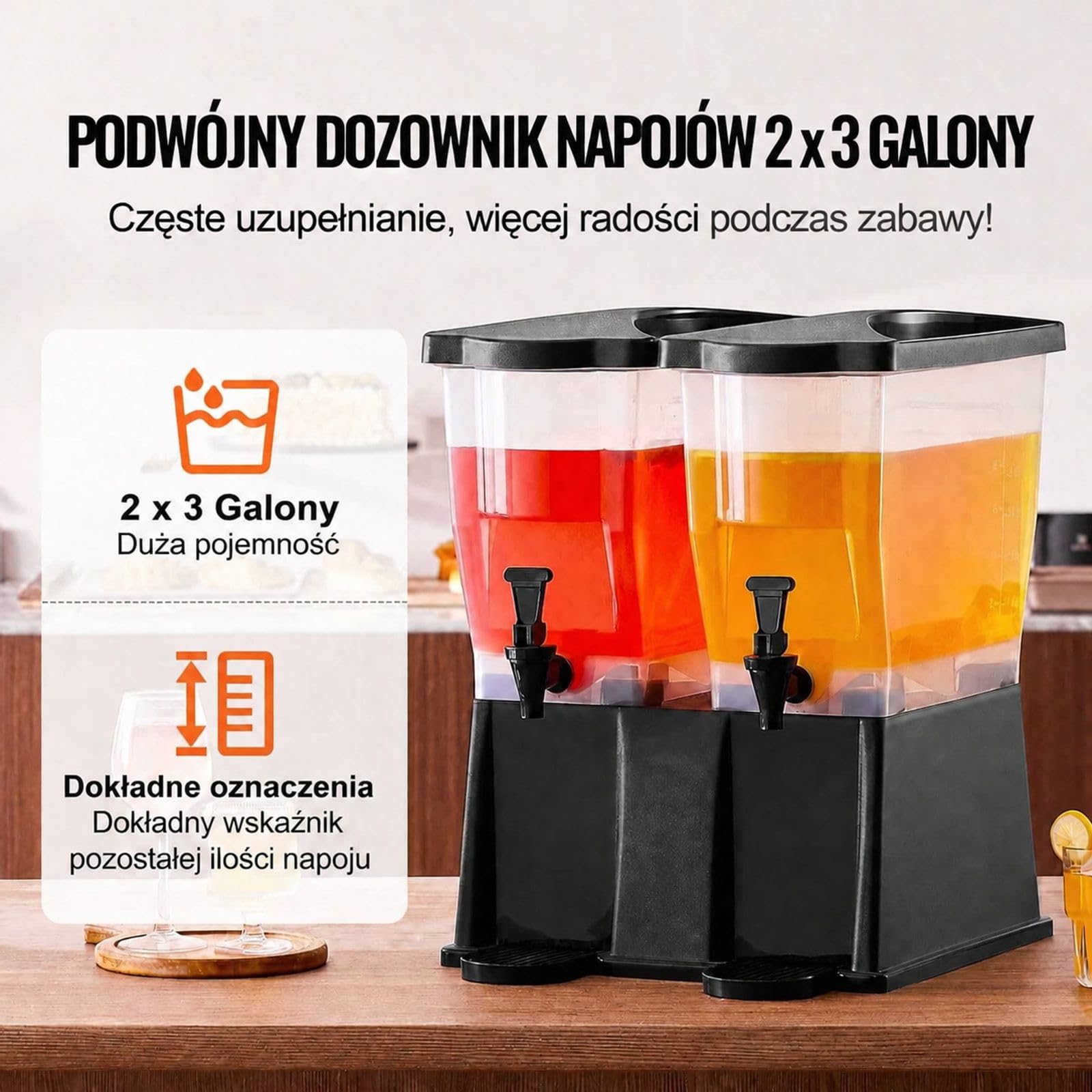 Zestaw 2 dystrybutorów napojów z PP, dozownik soku z kranikiem i stojącą pokrywką do herbaty mrożonej, lemoniady, soku i wody dla restauracji, hoteli i przyjęć