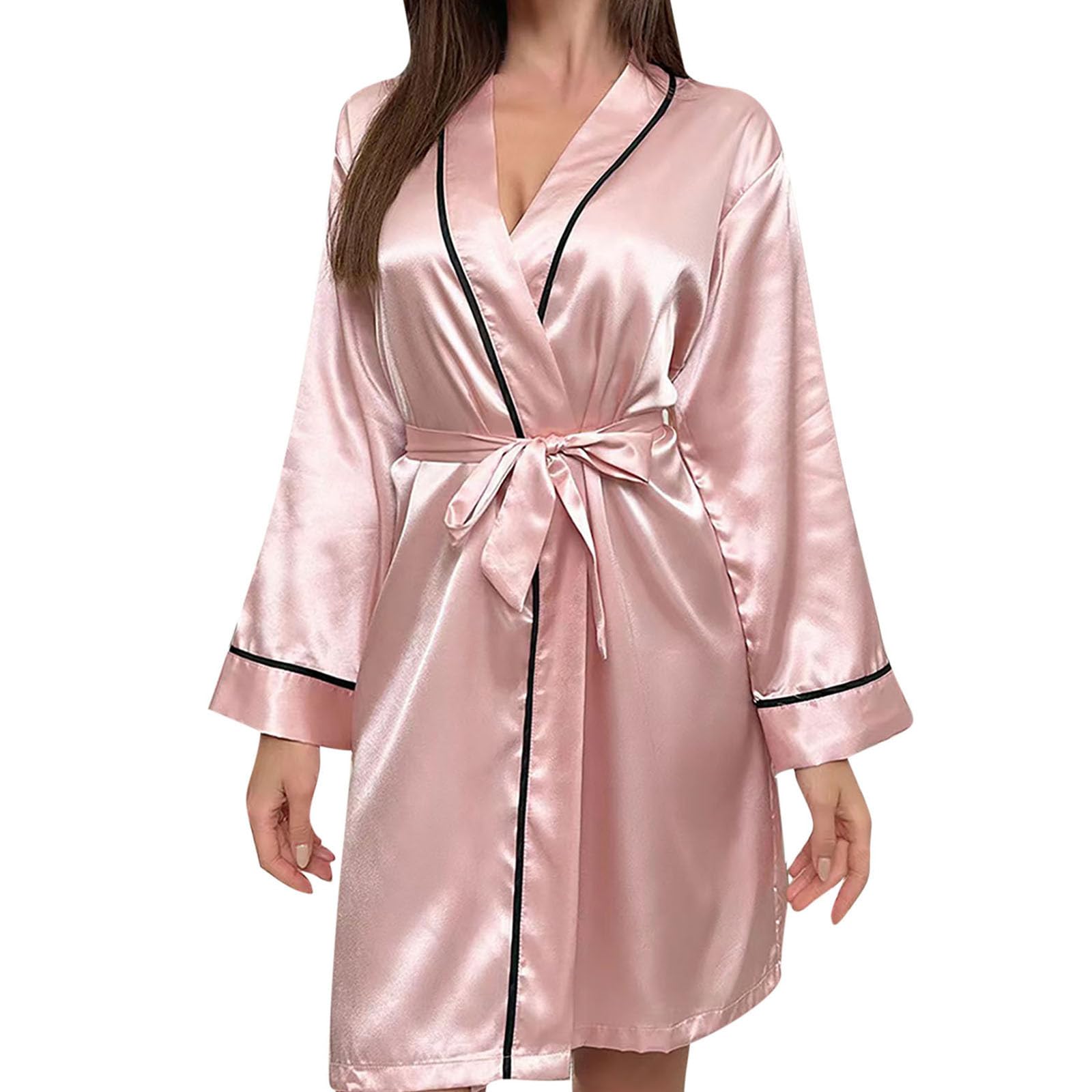 Womens Knee Length Satin Robe Lightweight Comfy Long Sleeve Silk Bathrobes Elegant Bridesmaid Wedding Party Robes