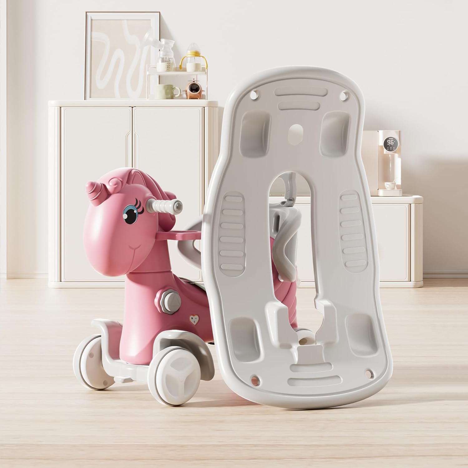 4 in 1 Rocking Horse for Toddlers 1.5-3Years, Baby Ride on Toy with Detachable Balance Board,Footrest and 4 Smooth Wheels, HDPE Material and 40° Swinging,Balance Bike