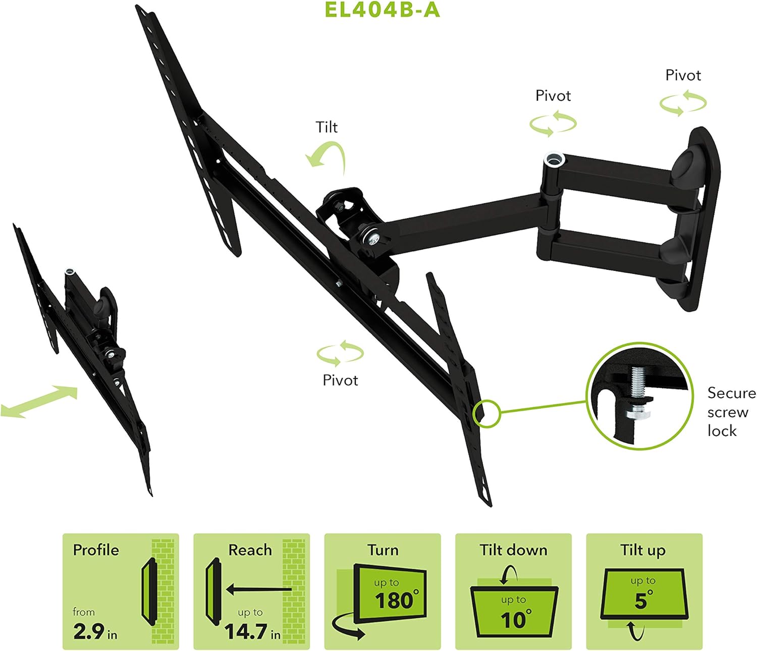 Super Brands AVF EL404B-A Multi Position, Full Motion, Long Extension TV Wall Mount, Black, for Most 25”, 28”, 30”, 32”, 37”, 39”, 40”, 42”, 46”, 47”, 50”, 55”, Universal Bracket and VESA 50x50 to 400x400