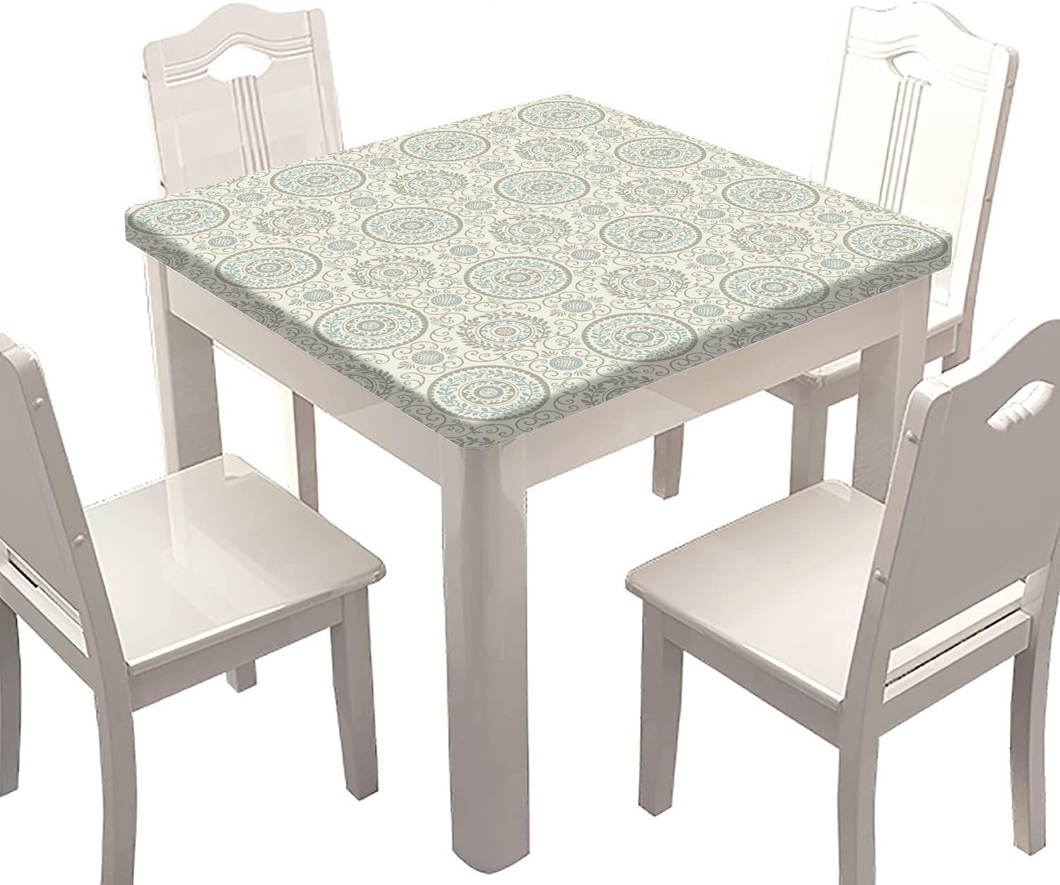 SongYi Elastic Edge Fitted Polyester Tablecloth Square, Vintage Pattern Home Decorative Table Cover, Washable Tablecloths for Kitchen Living Room BBQ Picnic Use, Fits 36