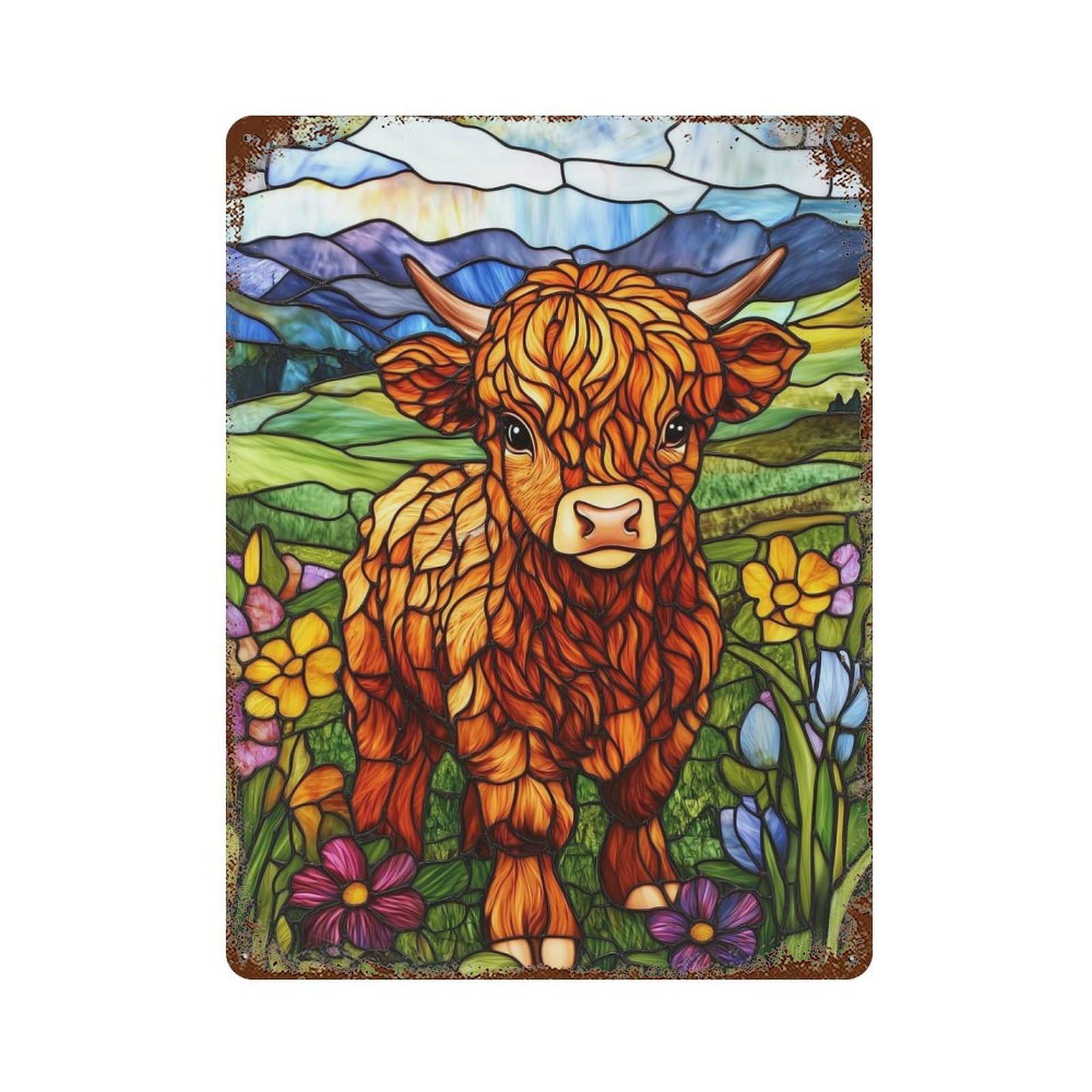 Stained Glass Highland Cow 15.7"x11.8" Vintage Rust Metal Sign, Shabby Chic Decor for Garage, Bar And Workshop Decor