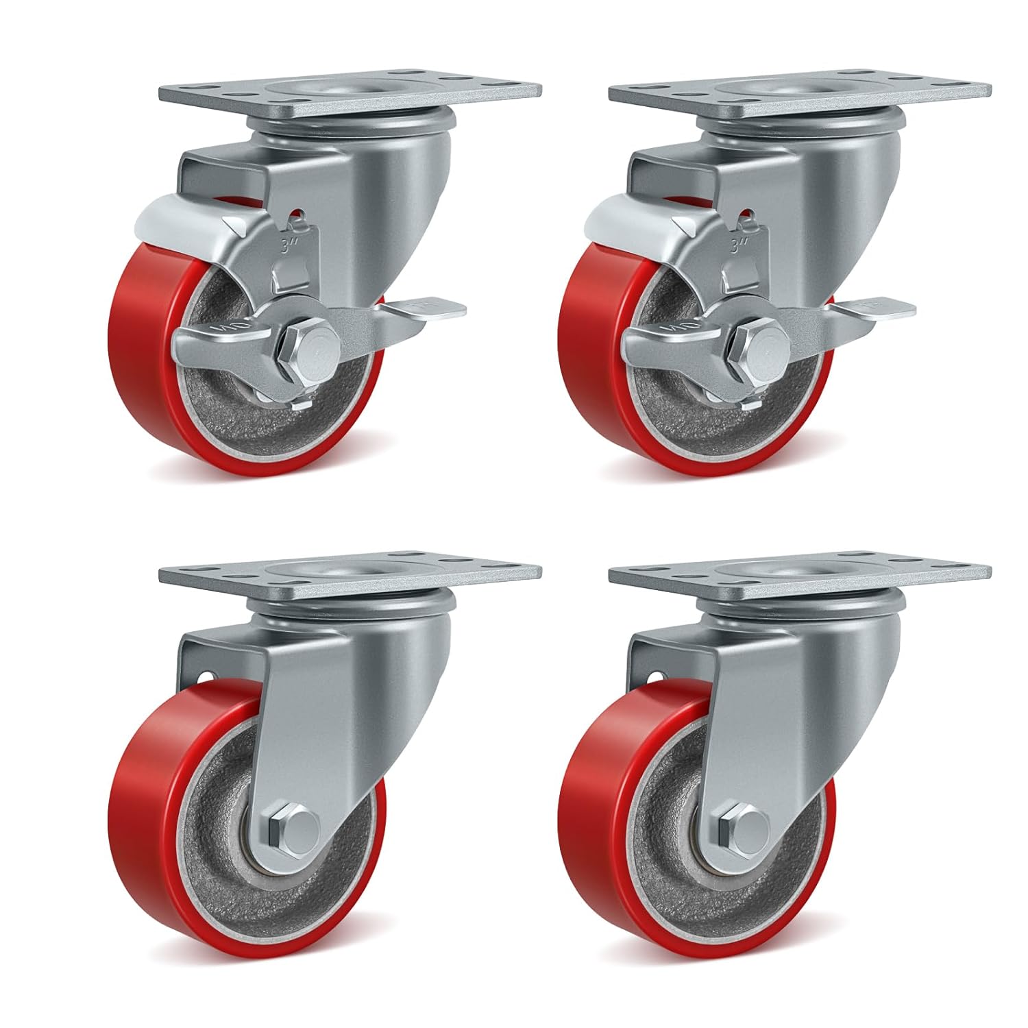3" Industrial Heavy Duty Casters Set of 4, Polyurethane on Cast Iron Caster Wheels, 2 Swivel & 2 Brake, 1400 lbs Capacity, for Cart, Workbench, Toolbox, Equipment