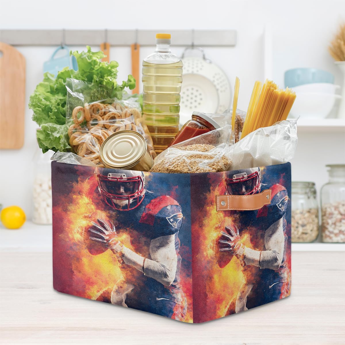 Small Storage Basket With Handles Kids Toy Football Fire Player Storage Bins Collapsible Fabric Cube Storage Organizer Hamper for Nursery Living Room Bedroom Shelves Clothes Toy Box Gifts