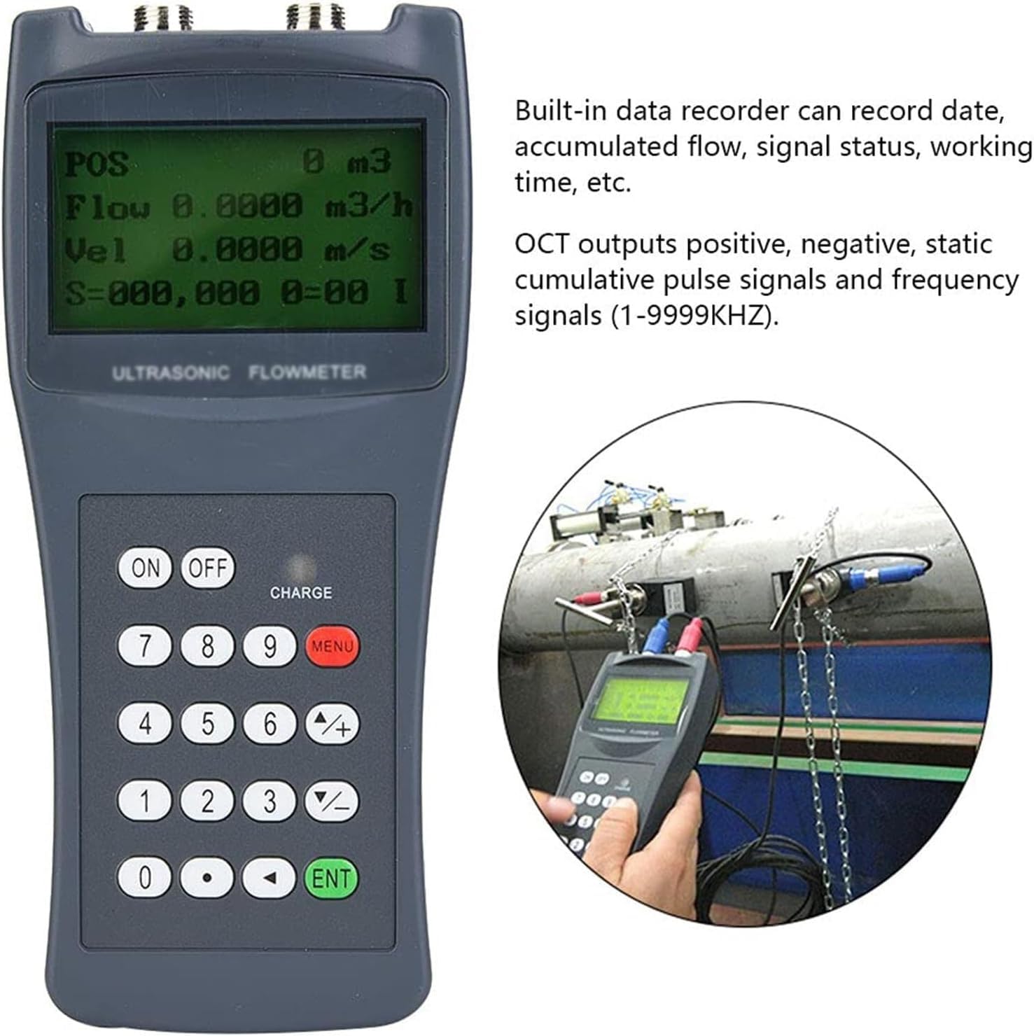 Medidor de flujo ultrasónico con sensores S1/M2/TL-1, portátil y no invasivo, alta precisión ± 1% para tuberías DN15-DN6000, flujo de líquido de registro de datos
