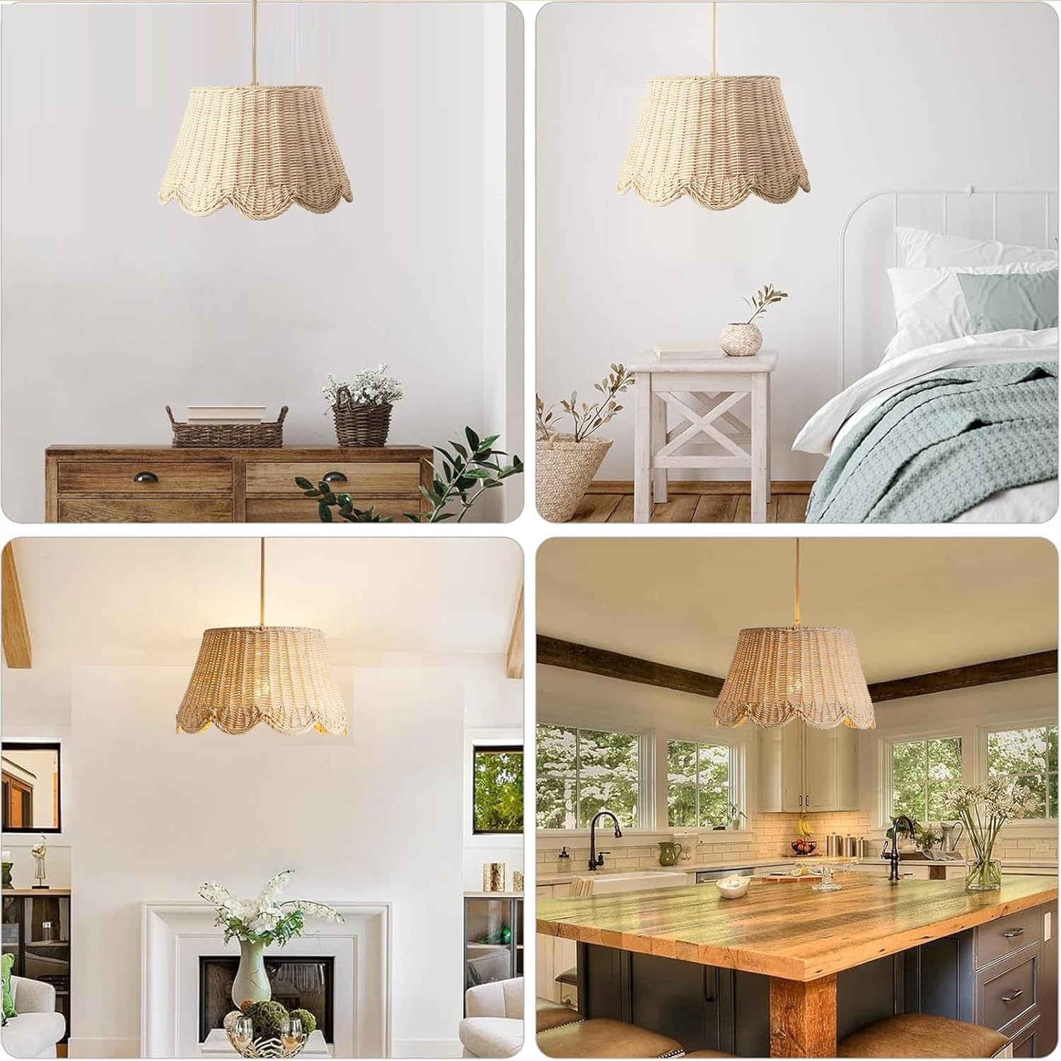 Plug in Scalloped Pendant Light, Rattan Hanging Lights with Plug in Cord 15FT Hemp Rope Cord, Dimmable Switch – Indoor Hanging Lamps for Boho Living Room Bedroom（Bulb Included） (Natural)