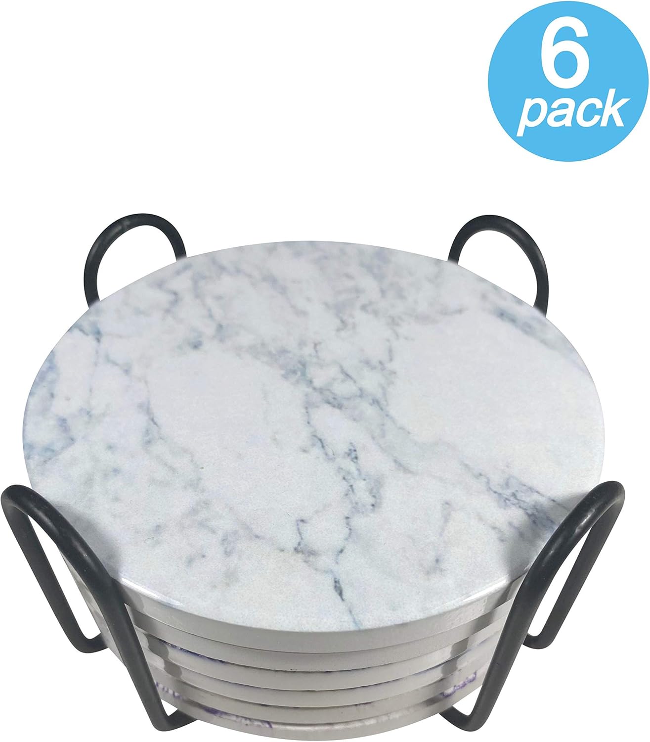 Flash Deals - 40% OFF White Marble Style Ceramic Drink Coasters with Holder, Glossy Shiny Finish (6-Pack) | Home Decor for Various Cups | Cork Base Marble Coaster | Ceramic Coasters for Drinks