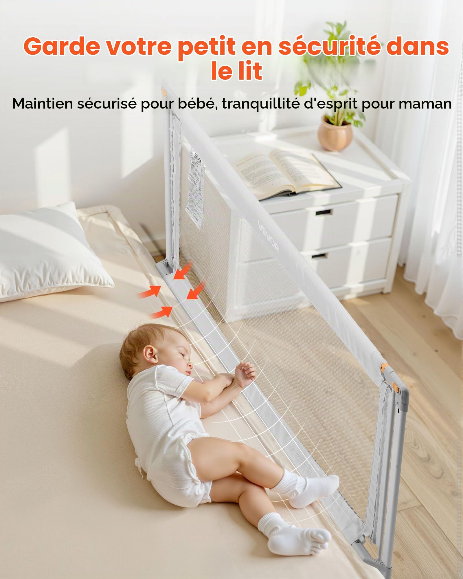 VEVOR Barrière de Sécurité de Lit pour Enfants, Longueur 1,5 m, Barrière de Lit pour Tout-Petits, avec Tube en Fer Renforcé, Tissu Oxford, Hauteur Réglable 68-89 cm, pour Épaisseur de Matelas 5-27 cm