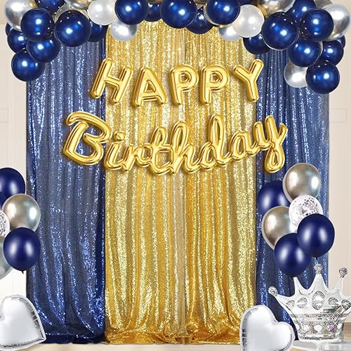 Miniatura 5 de 4 paneles de cortina de lentejuelas doradas y azules de 2 x 8 pies, cortinas de fondo de lentejuelas con purpurina para decoración de fiestas de