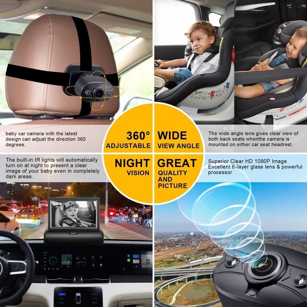 YIMU Baby Car Camera for Backseat: Rear-Facing Infant Back seat Camera Baby with HD 720P, Easy Setup, Crystal-Clear Night Vision, and 360° Rotation KB (KB40 4.3 inch)