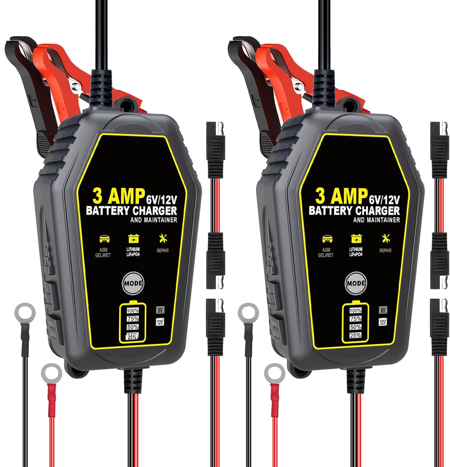 2 Packs 3 Amp Smart Battery Charger, 6V/12V Battery Charger, Trickle Charger, Fully Automatic and Maintainer for Car, Motorcycle, Lawn Mower, Lead-Acid, Lithium, LiFePo4 Battery