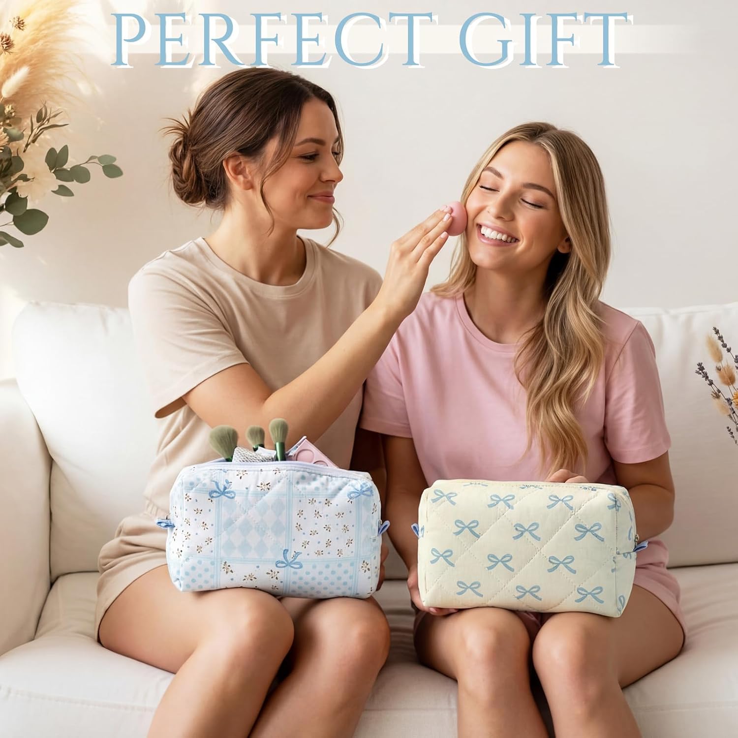 Paterr 10 Pcs Quilted Makeup Bag Bulk Cotton Floral Cosmetic Bag Women Girls Bridesmaid Gifts Cute Makeup Pouch Coquette Aesthetic Travel Toiletry Organizer(Blue Bow,6.30 x 3.94 Inches)