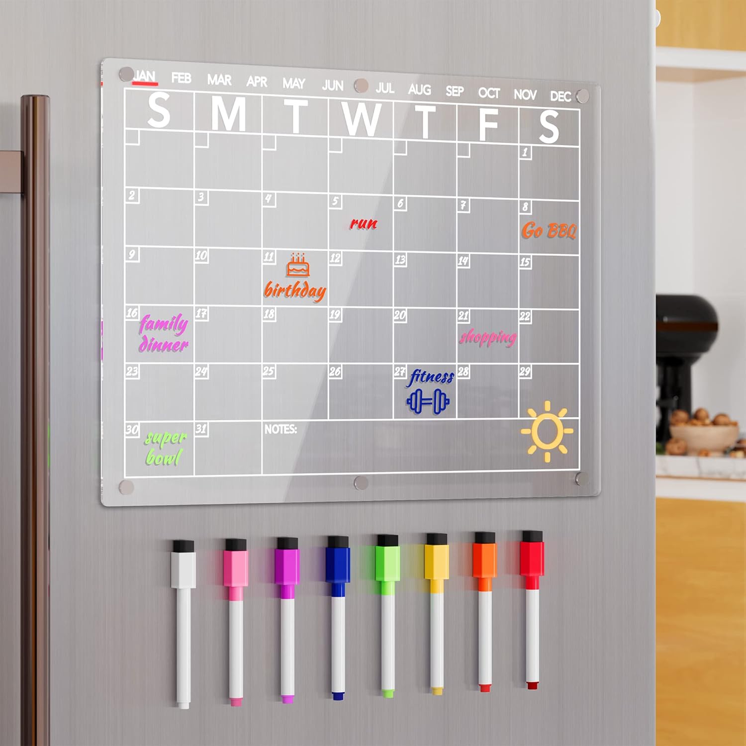 Acrylic Magnetic Dry Erase Board Calendar for Fridge Clear Monthly Planner Whiteboard for Refrigerator w 8 Colors Markers