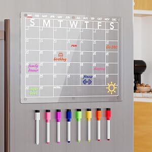 Acrylic Magnetic Dry Erase Board Calendar for Fridge Clear Monthly Planner Whiteboard for Refrigerator w 8 Colors Markers