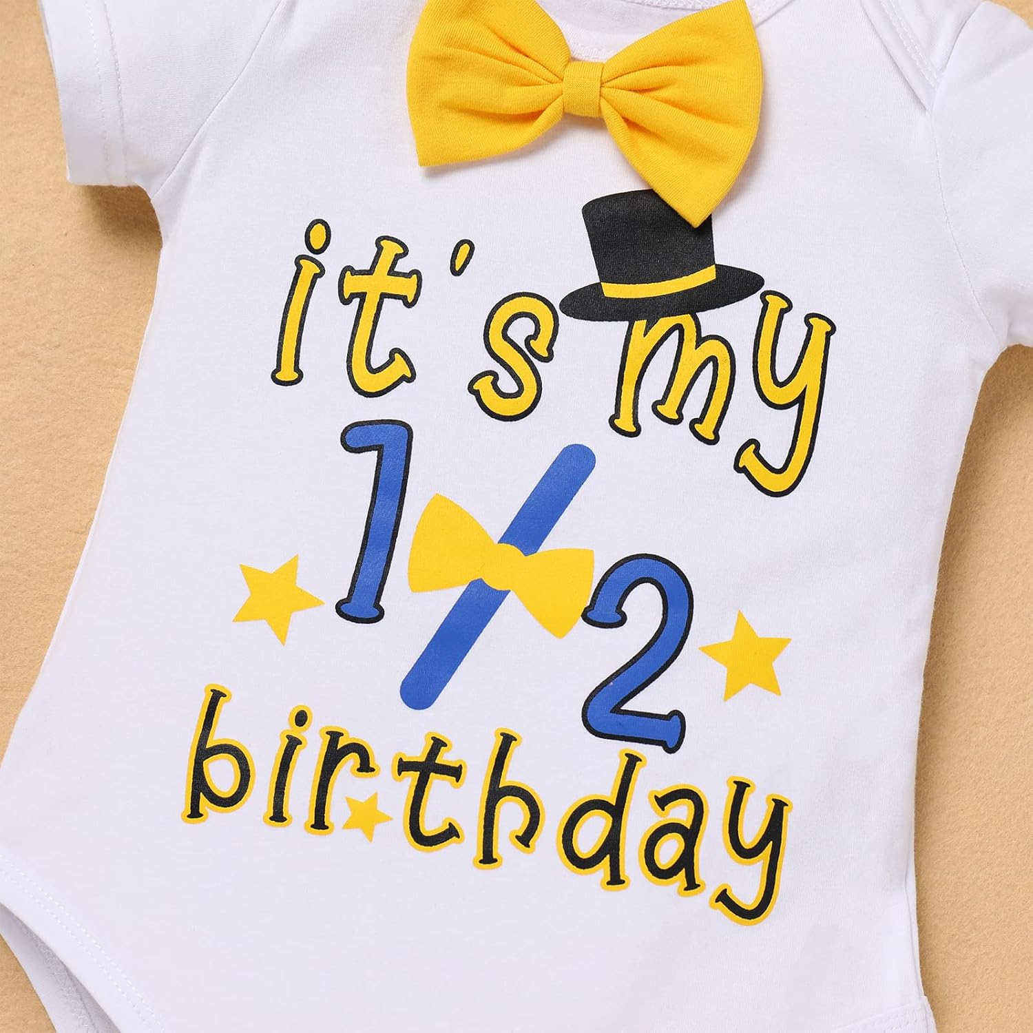 IBTOM CASTLE Baby Boys Half Birthday Cake Smash Outfit Short Sleeve Bowtie Romper+Diaper Cover Bloomers+Suspenders+Headband - Image 5