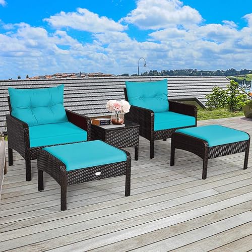 Miniatura 3 de HAPPYGRILL Juego de muebles de patio de 5 piezas para exteriores, juego de conversación de mimbre de ratán con mesa auxiliar, sofás acolchados y