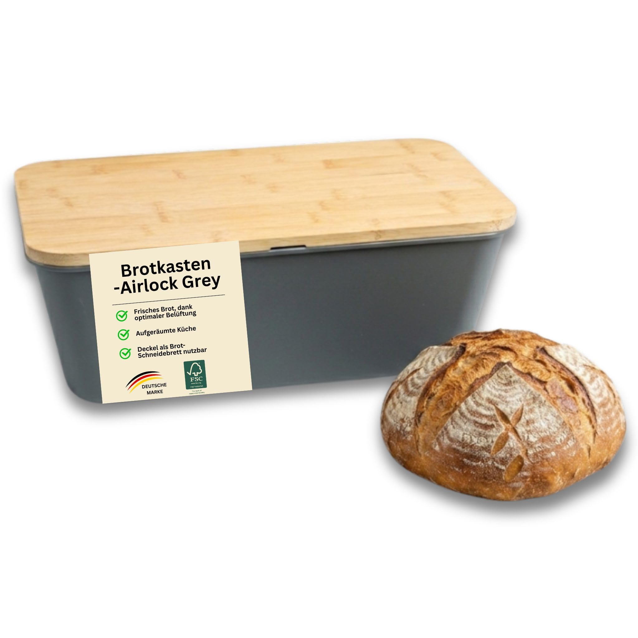 MOON HOME Brotkasten - Airlock Grey, mit vielseitigem Deckel aus Bambus/Holz als Brotschneidebrett, gefertigt aus PP-Kunststoff, verhindert Austrocknen, hält Brot länger frisch, 35.0x20.0x13.5cm