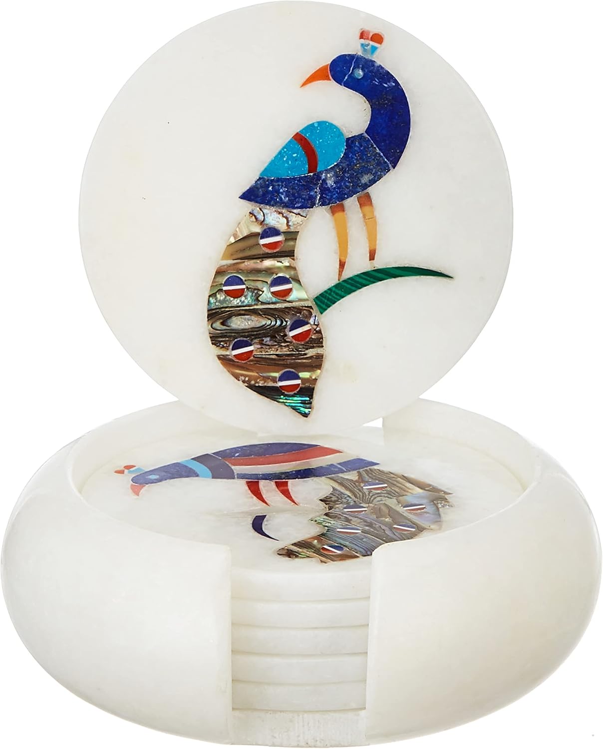 Queenza Marble Coasters for Gifts -Set of 6 Coasters for Drinks with Holder, Marble Inlay Peacock Artwork, Luxury Coasters for Housewarming