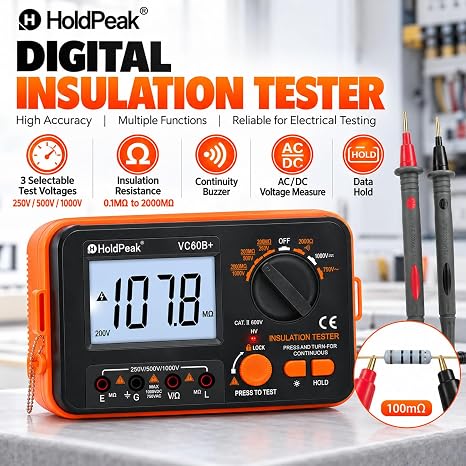 2000MΩ Insulation Resistance Tester, 250V/500V/1000V Megohmmeter