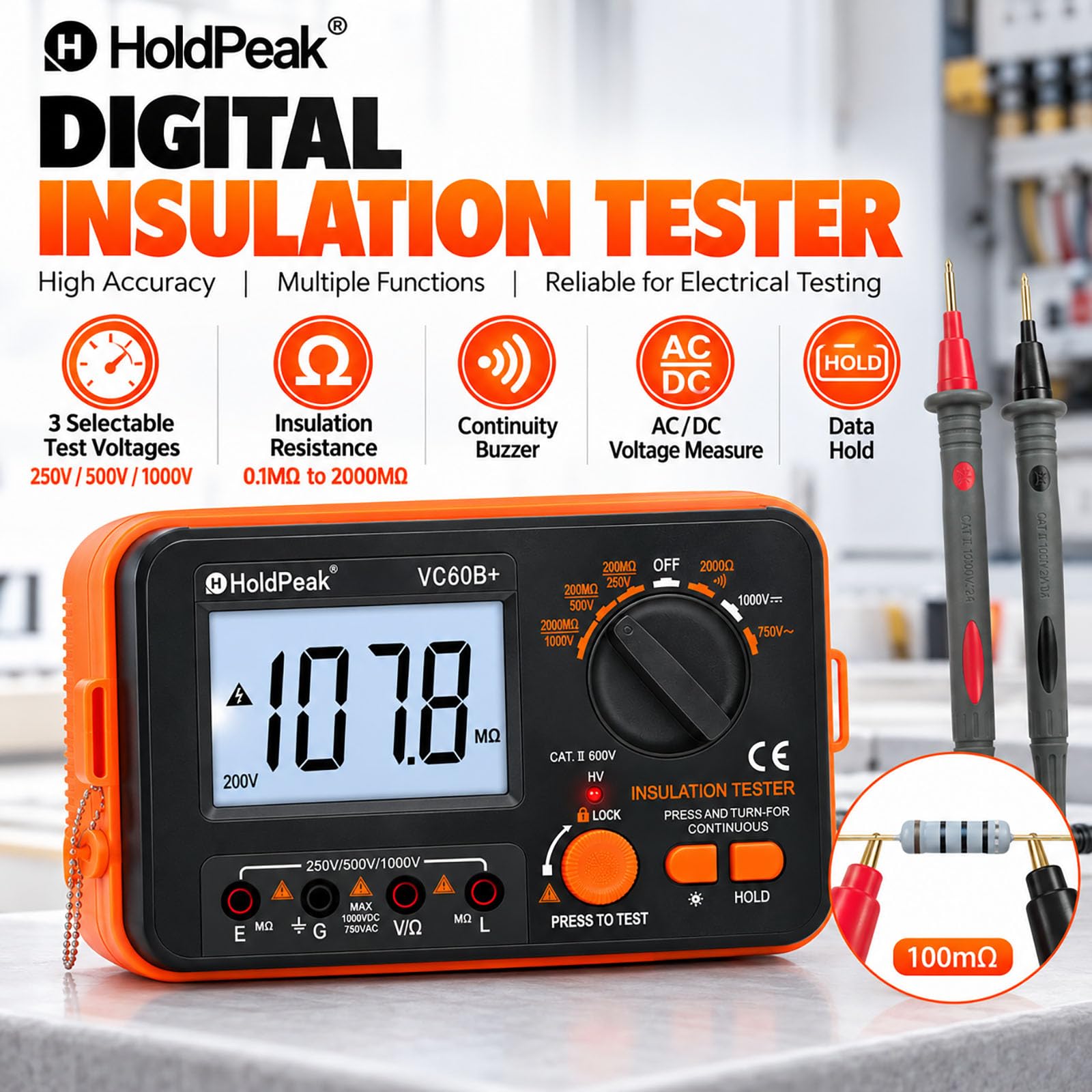 2000MΩ Insulation Resistance Tester, 250V/500V/1000V Megohmmeter — Amazon image 6