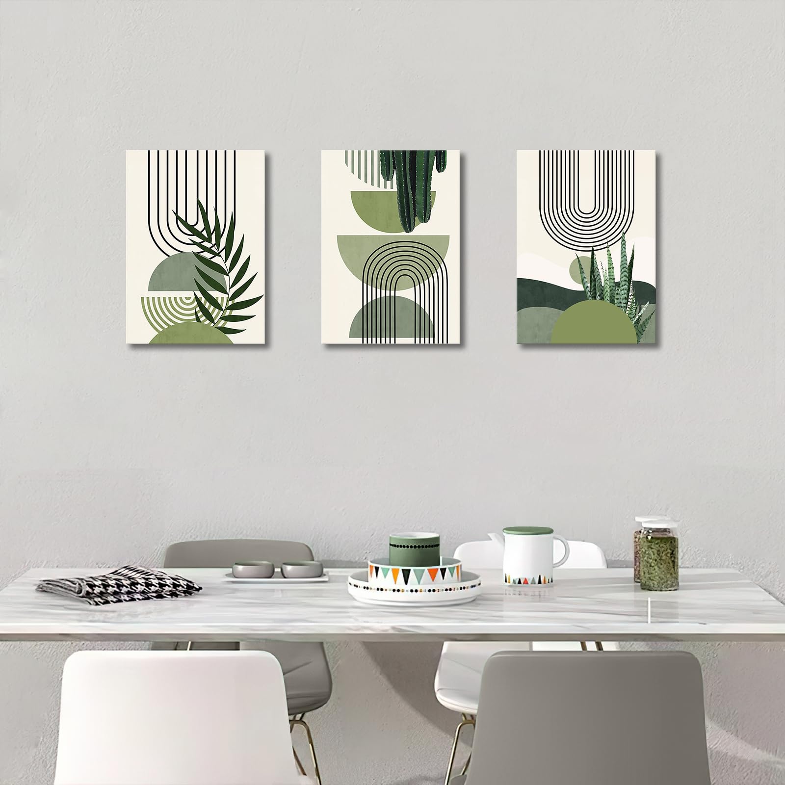 3 Pcs Wooden Framed Canvas Wall Art Set Bohemian Sage Green Canvas Prints Poster Geometric Line Beige Green Pictures for Living Room Bedroom Dinning Room Hallway Stairs Wall Decor 30x40cm x3pcs — view 125