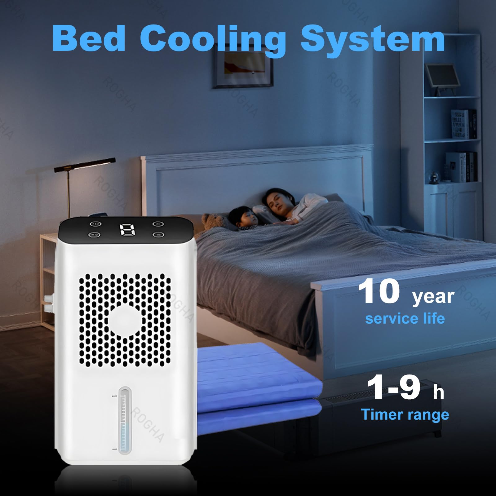 Sistem di Raffreddamento rinfrescante per Il Letto, raffreddatore per Letto, Volume dell'Acqua 1,7 Litri, Pannello Touch LCD, Timer 9 Ore, modalità di Raffreddamento Adatta al Sonno