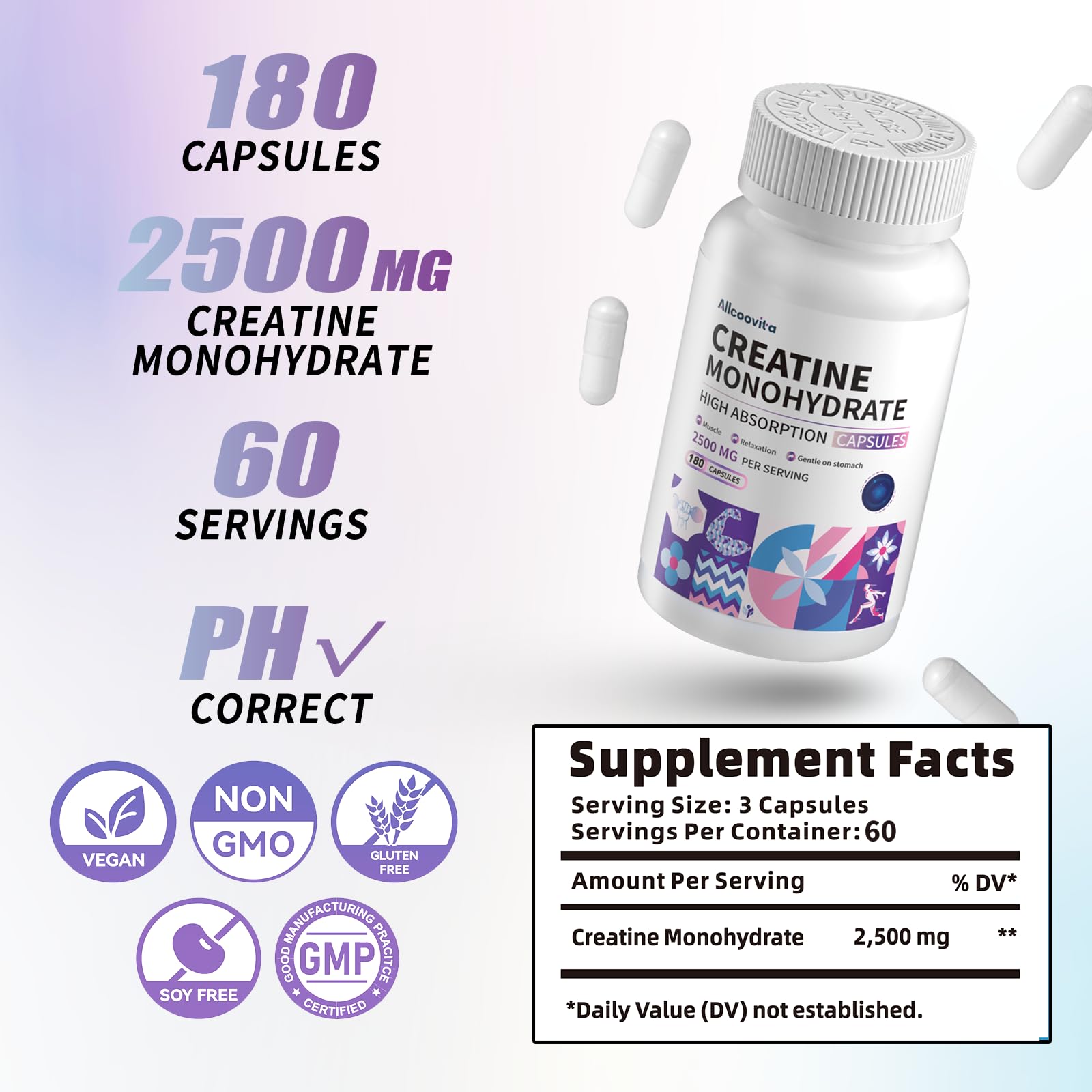 Allcoovita Creatine Monohydrate Capsules -3 Creatine Capsules per Serving, 2500mg, Gluten Free, 180 Capsules