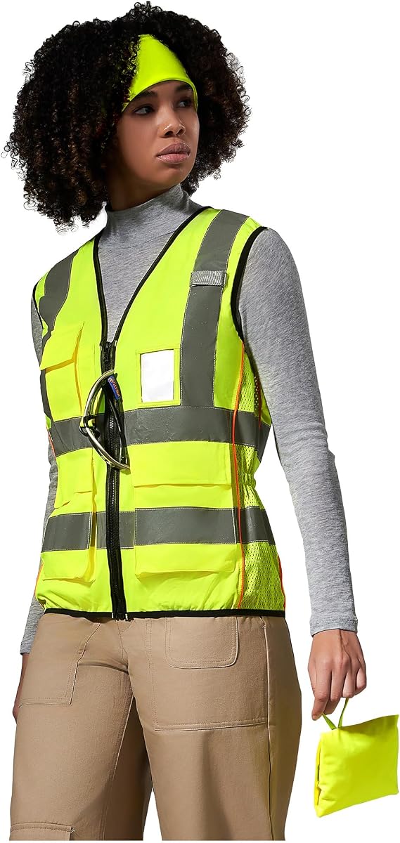 High Vis Safety Vest for Women - Reflective Strips, Multi-Pockets, Zipper Closure