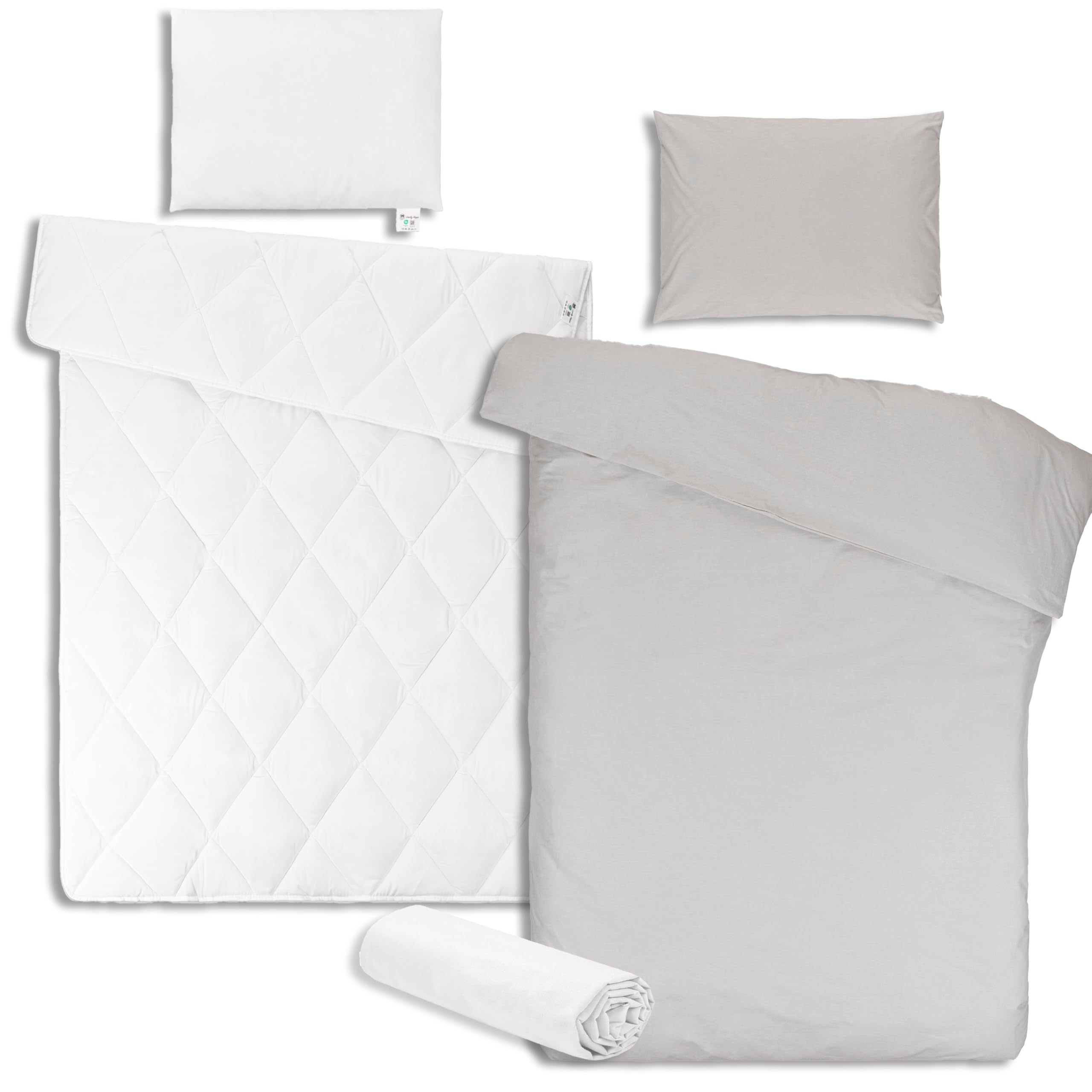 Drap Housse 80x160 (100% Coton) + Couette + Housse de Couette 120x170cm + Oreiller + Taie Oreiller 40x60cm - Parure 80x160 pour Lit Cabane (Blanc/Gris, Parure 80x160 cm (5 pièces))