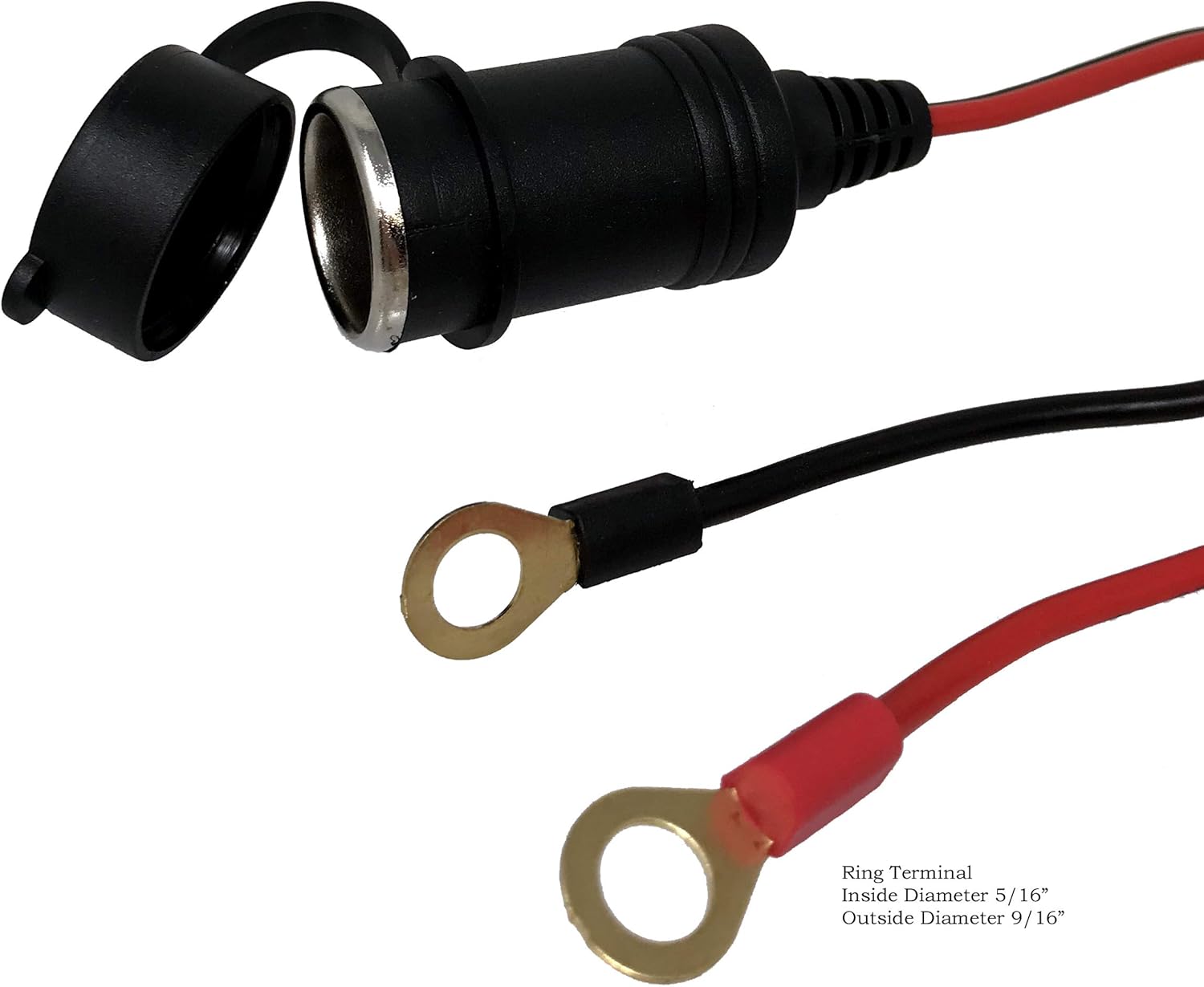 Tetra-Teknica MotoBasics Series RHF-01 12V Eyelet Battery Terminal to Cigarette Lighter Female Socket Extension Cord, 3 Feet, 16 Gauge Copper Wire, 10A Fuse, 2 per Pack