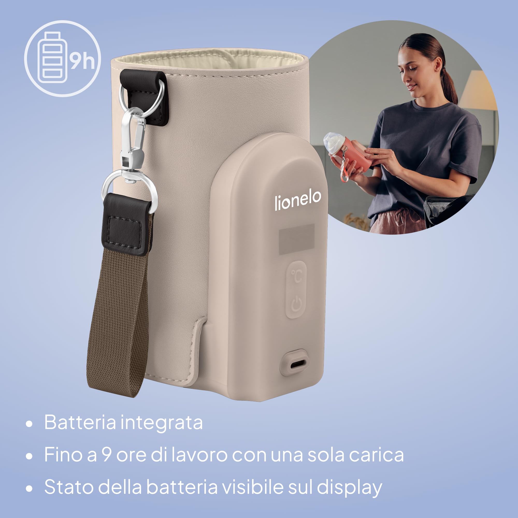 LIONELO Thermup Go Evo Scaldalatte Portatile per biberon per Neonati, Mantiene Liquidi caldi, 5 Temperature operative da 38 a 50°C Ricarica USB-C, Fino a 9 Ore di Funzionamento
