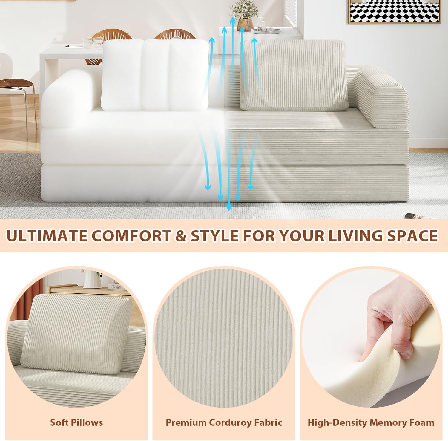 All-in-1 Folding Convertible Sofa Bed, Boneless Futon Floor Couch Corduroy Fold Out Modular Lounge Comfy Loveseat Sleeper Lazy Cama for Living Room Bedroom Guestroom, Beige（Narrow Stripes）