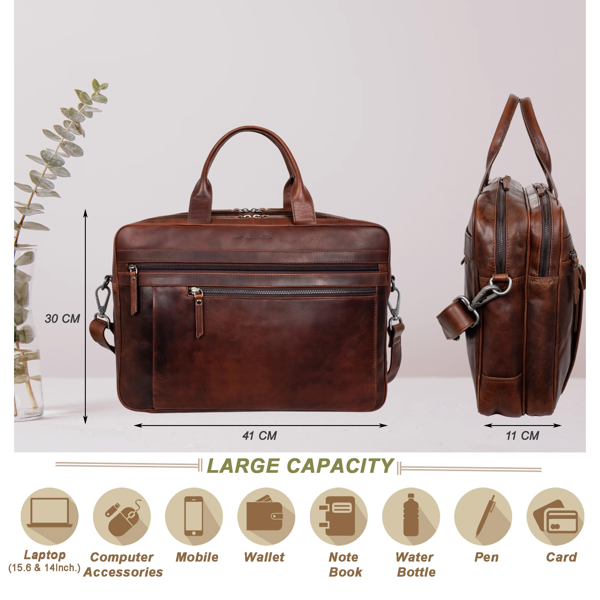 Marc Peter Laptoptasche Los Angeles I Leder Umhängetasche für 15.6 zoll Laptop I Aktentasche für Notebook I Tasche für Damen und Herren