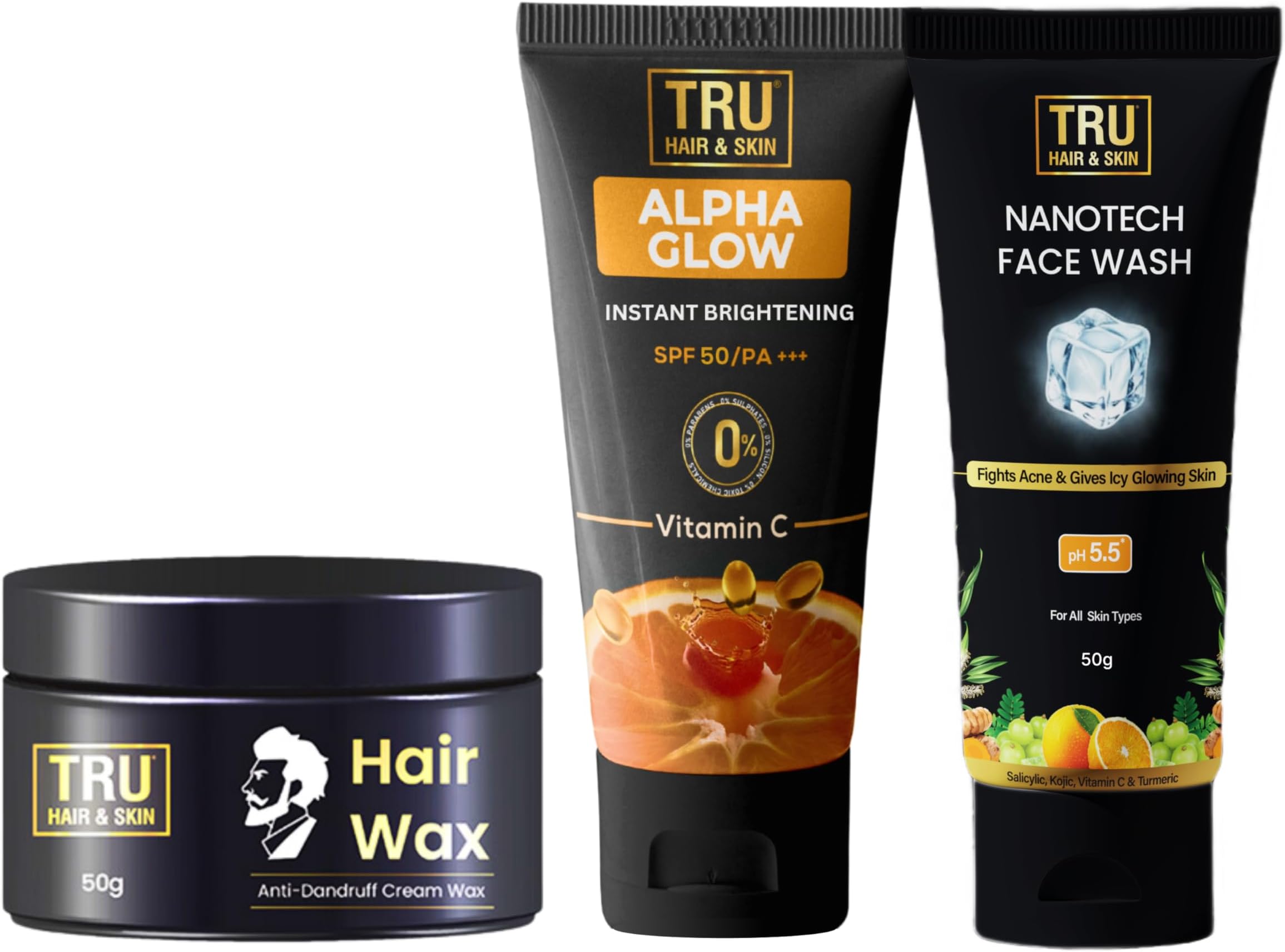TRU HAIR Nanotechnology Facewash 50ml + Alpha Glow Instant Brightening Cream 25ml + Hair Wax Cream 50gm- COMBO