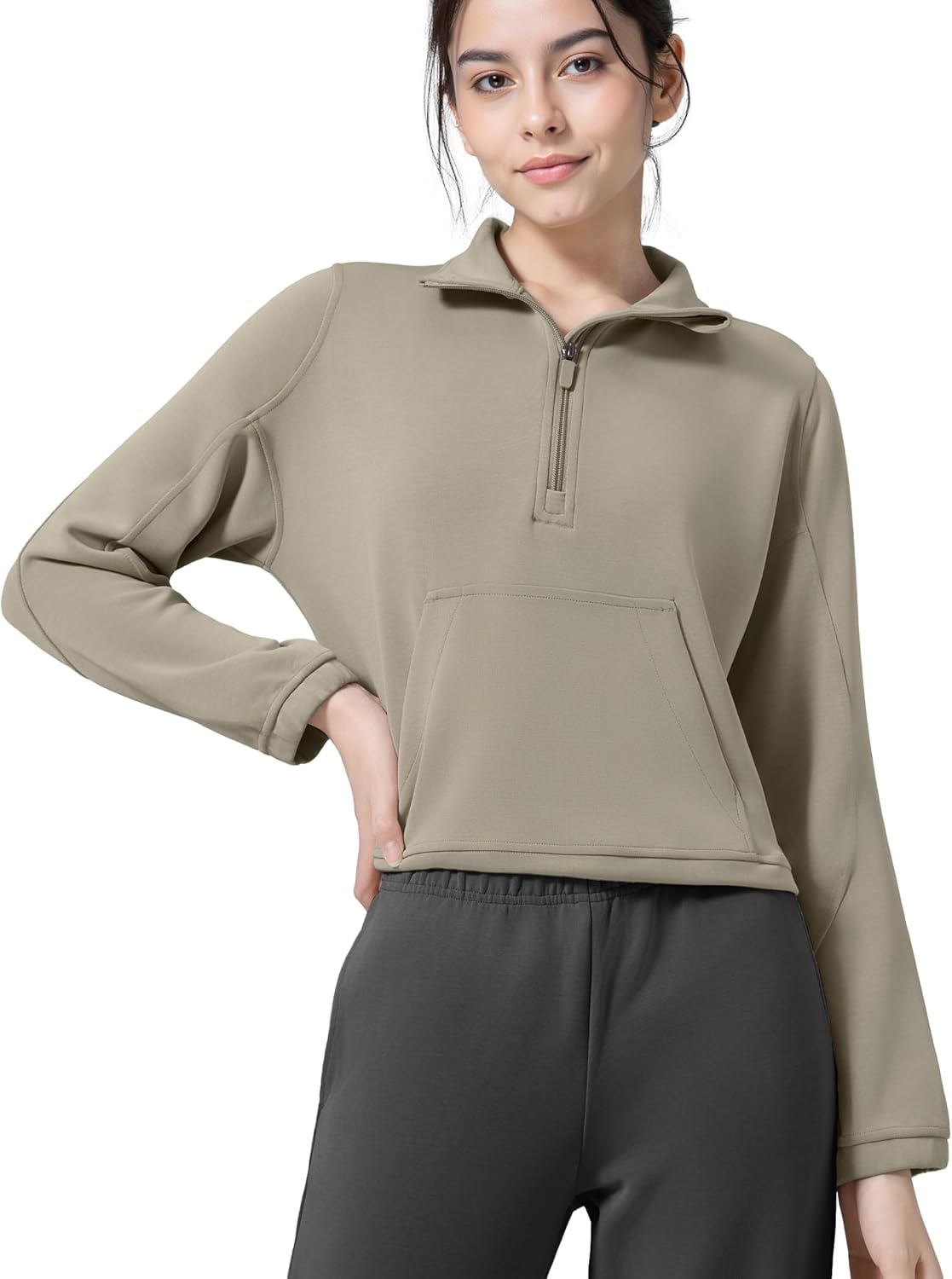 Yvette Womens' Half Zip Pullover Stand Collar Cropped Workout Sweatshirt with Pockets Long Sleeve Shirts Clothes