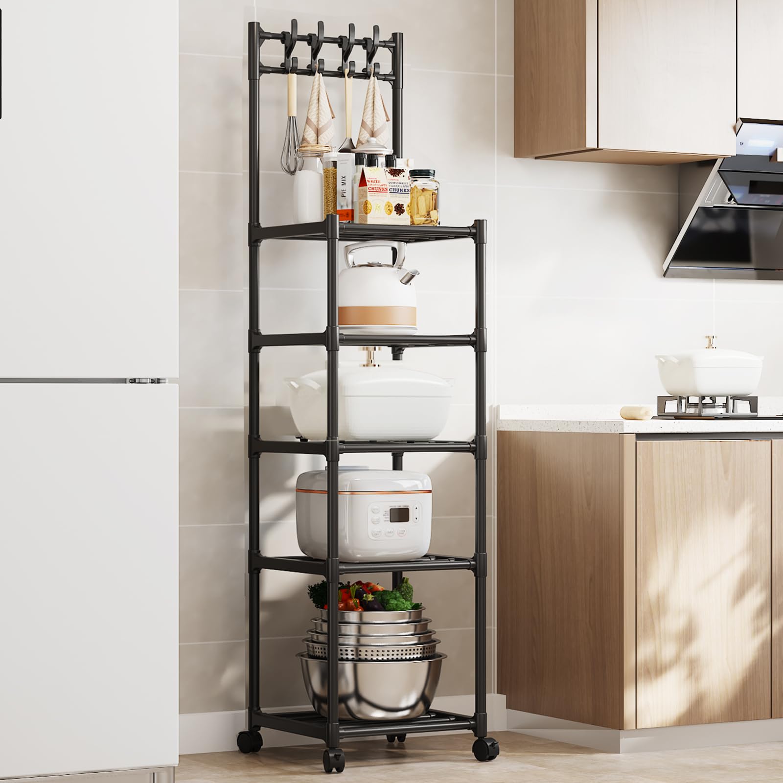 Scaffale da cucina a 5 ripiani, in filo metallico, autoportante, per cucina, dispensa e bagno, 42 x 34 x 152 cm, nero