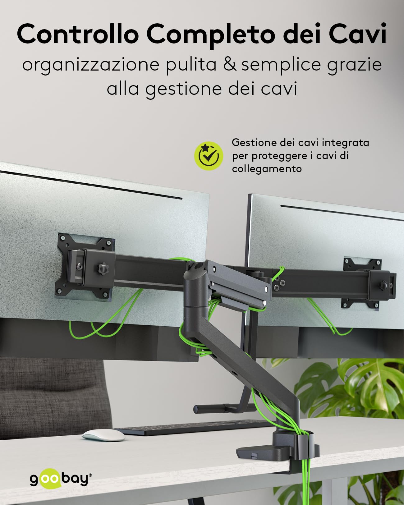 goobay Supporto doppio per monitor – con molla a gas, per schermi da 17 a 32 pollici, inclinabile e orientabile, morsetto da tavolo, portata 9 kg, con sistema di gestione, VESA 75x75 e 100x100