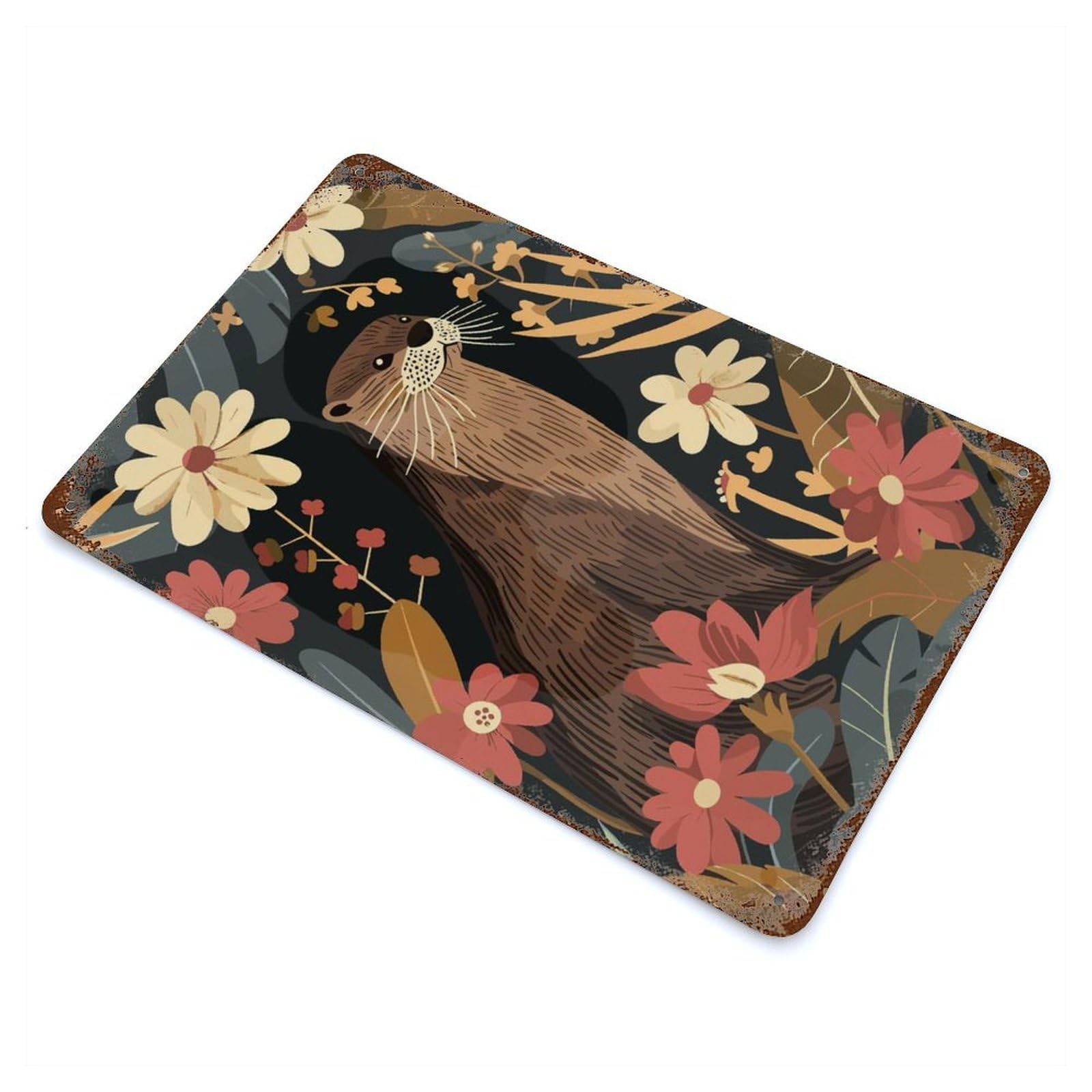 Otter in Floral Paradise Vintage Wall Sign 11.8"x7.9", Rust Effect Metal Decor for Bistro, Counter And Cafe Decor