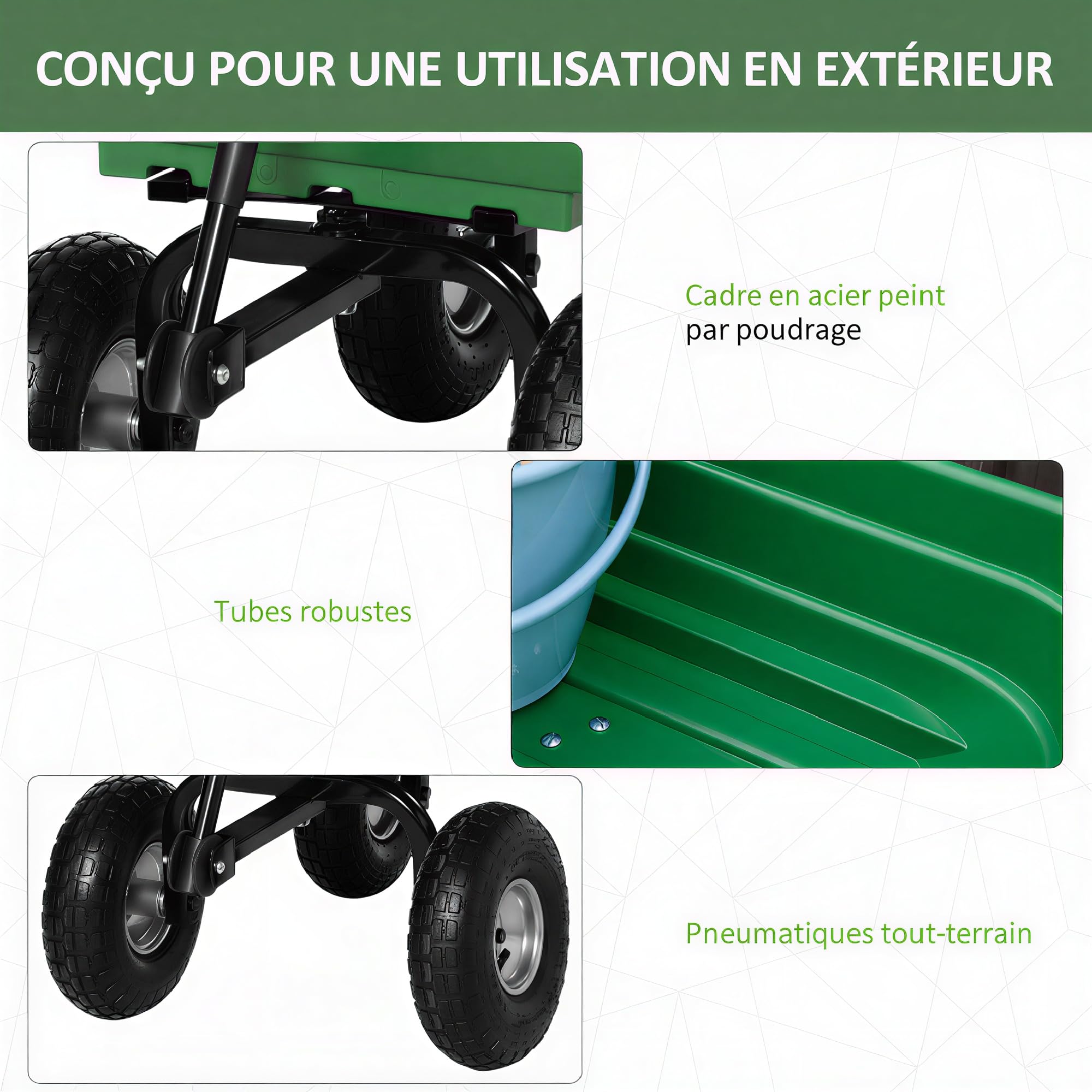 Outsunny Chariot de Jardin 100L Charge 250 kg, 4 Roues pneumatiques, poignée réglable, Remorque à Main pour Extérieur Cadre en Acier Vert