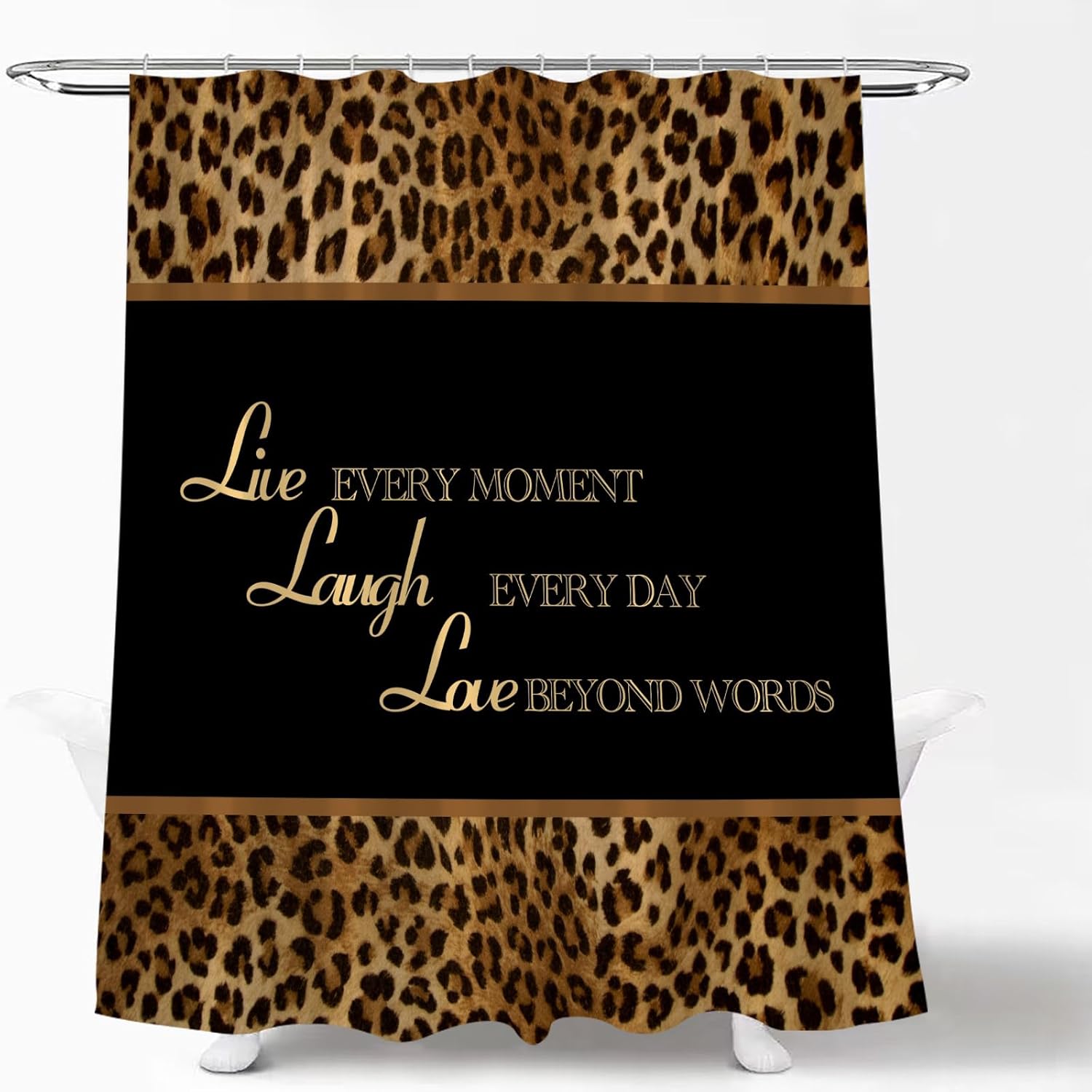 Leopard Print Shower Curtain African Wild Animal Cheetah Skin Pattern Inspirational Quotes Powerful Wildlife Safari Live Laugh Love Big Cat Fur Bath Curtain with Hooks