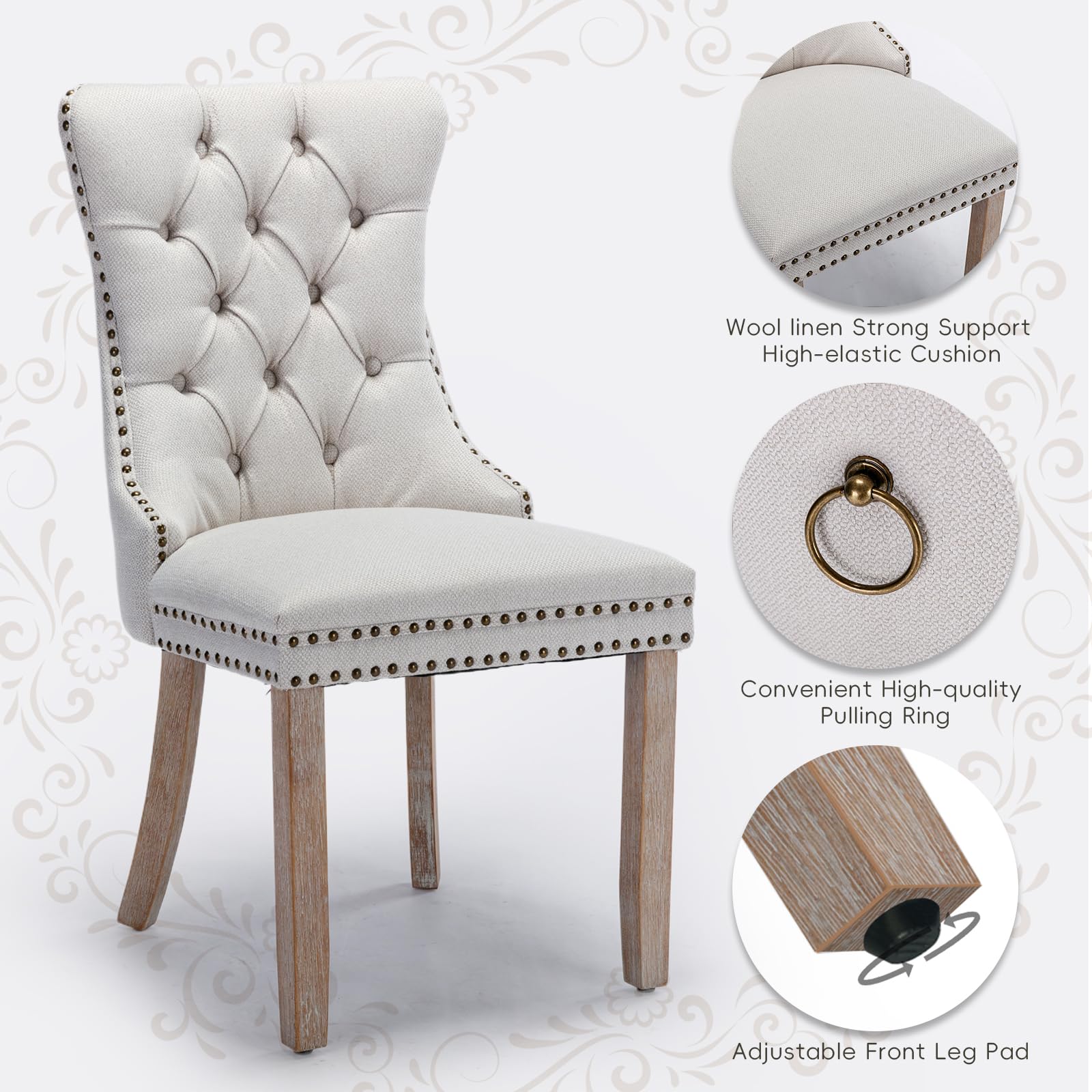 Lot de 6 chaises de Salle à Manger rembourrées en Lin de Style Moderne avec Garniture en Clou et Pied en Bois, Anneau de Traction en métal pour Salle à Manger, Salon (Beige)