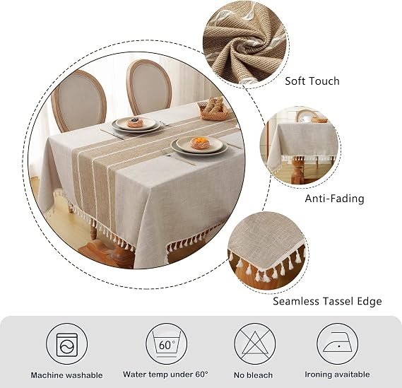 Laolitou Rustic Tablecloth Cotton Linen Waterproof Tablecloths Burlap Table Cloths for Kitchen Dining,Party,Holiday,Thanksgiving,Buffet Coffee Lines Square,55''x55'',4Seats