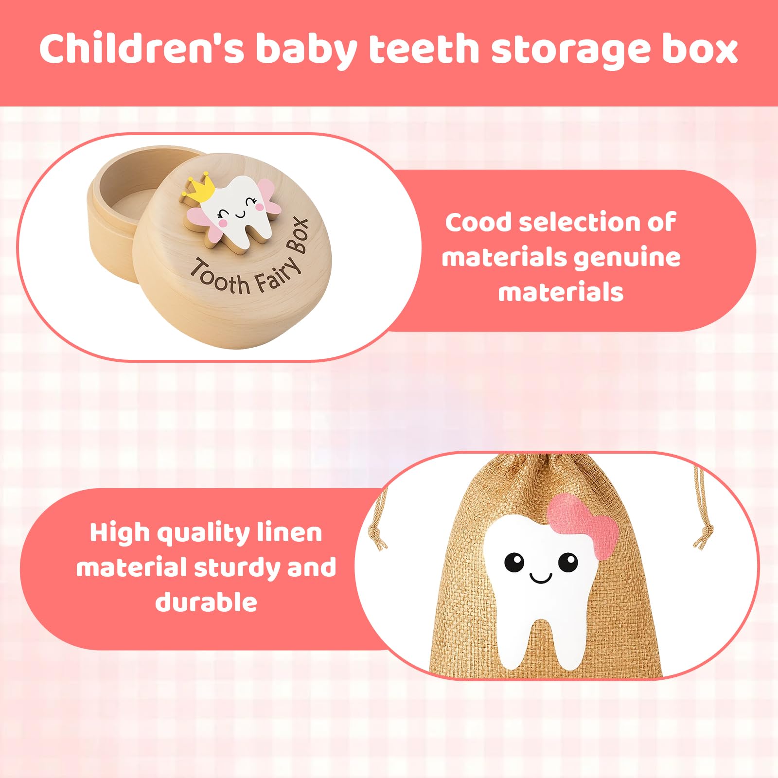Wnzdp 4Pcs Tooth Fairy Kit with Wooden Box, Keepsake Bag, and 2 Coins - Image 3