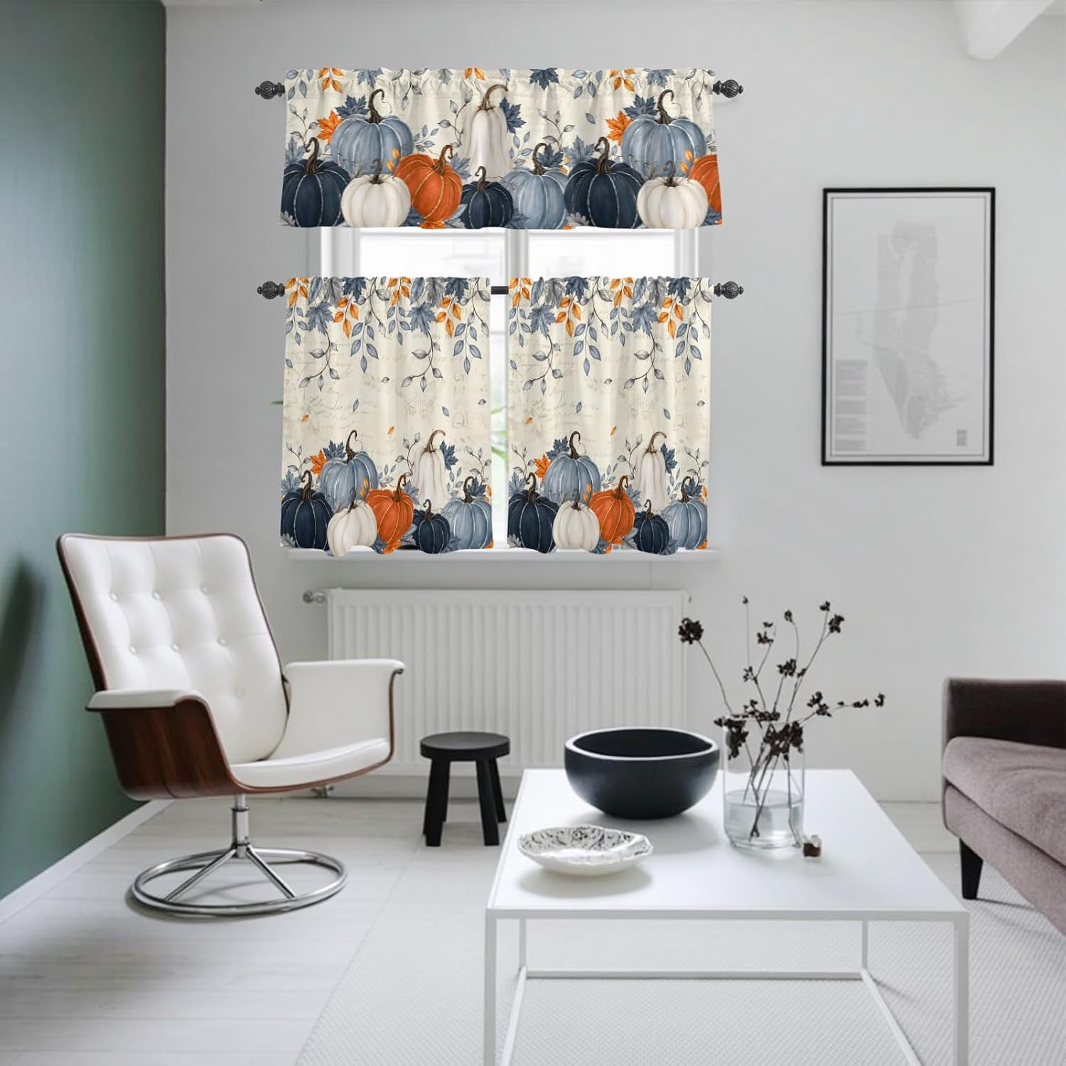 Thanksgiving Kitchen Curtains and Valances Set, Fall Blue Orange White Pumpkin Rod Pocket Farmhouse Tier Window Curtains 24 Inch Length, 3 Piece Maple Eucalyptus Leaves Branches Kitchen Curtain Set
