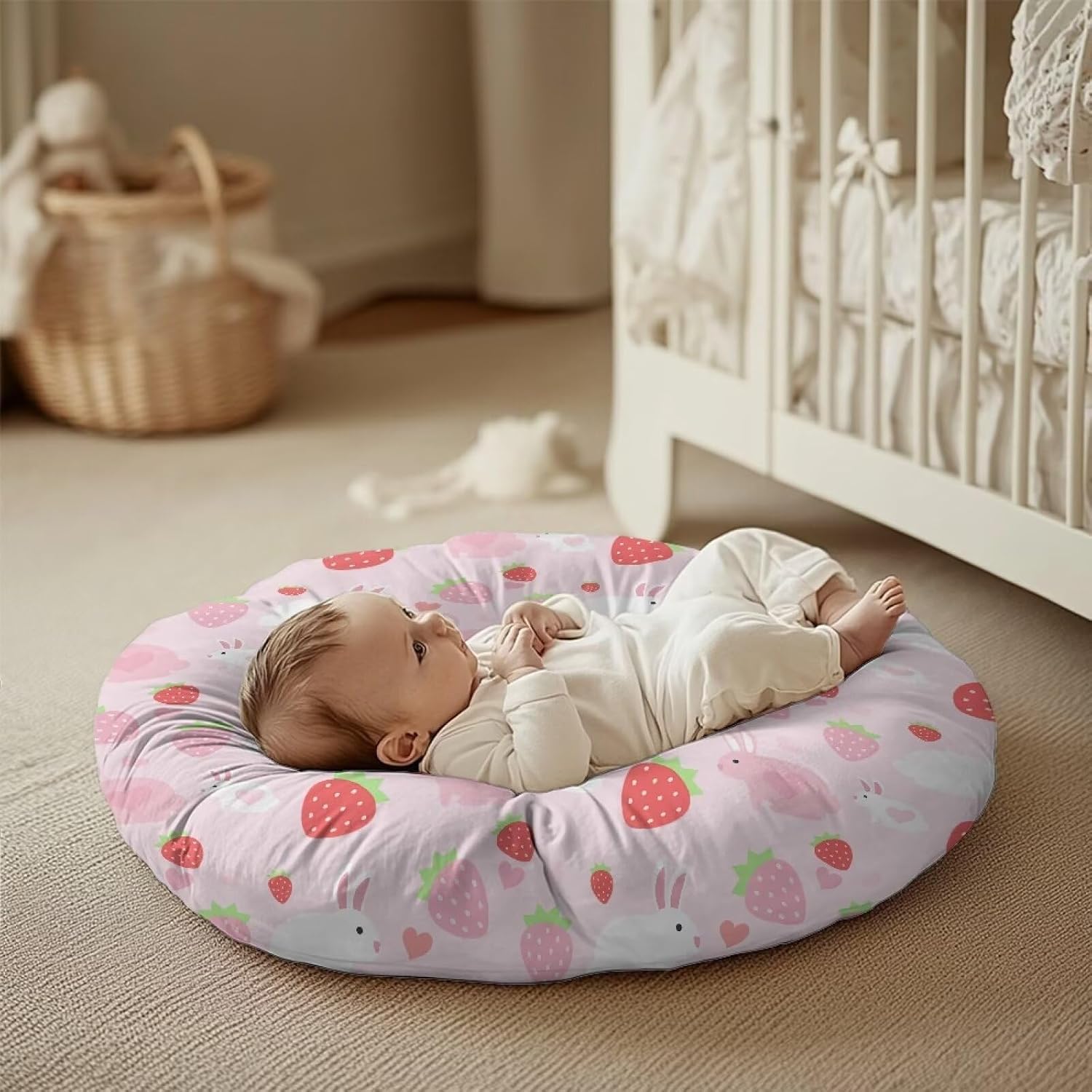 2 Pcs Cute Rabbit Strawberry Print Newborn Lounger Cover Neutral, Removable Washable Soft Slipcover for Infant Lounger Pillow for Baby Playing Sleeping