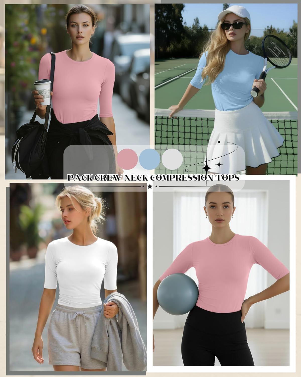 3 Pack Women's Workout Shirts Half Sleeve Compression Tops Slim Fit Elbow Length Tee Athletic 1/2 Sleeve T-Shirts