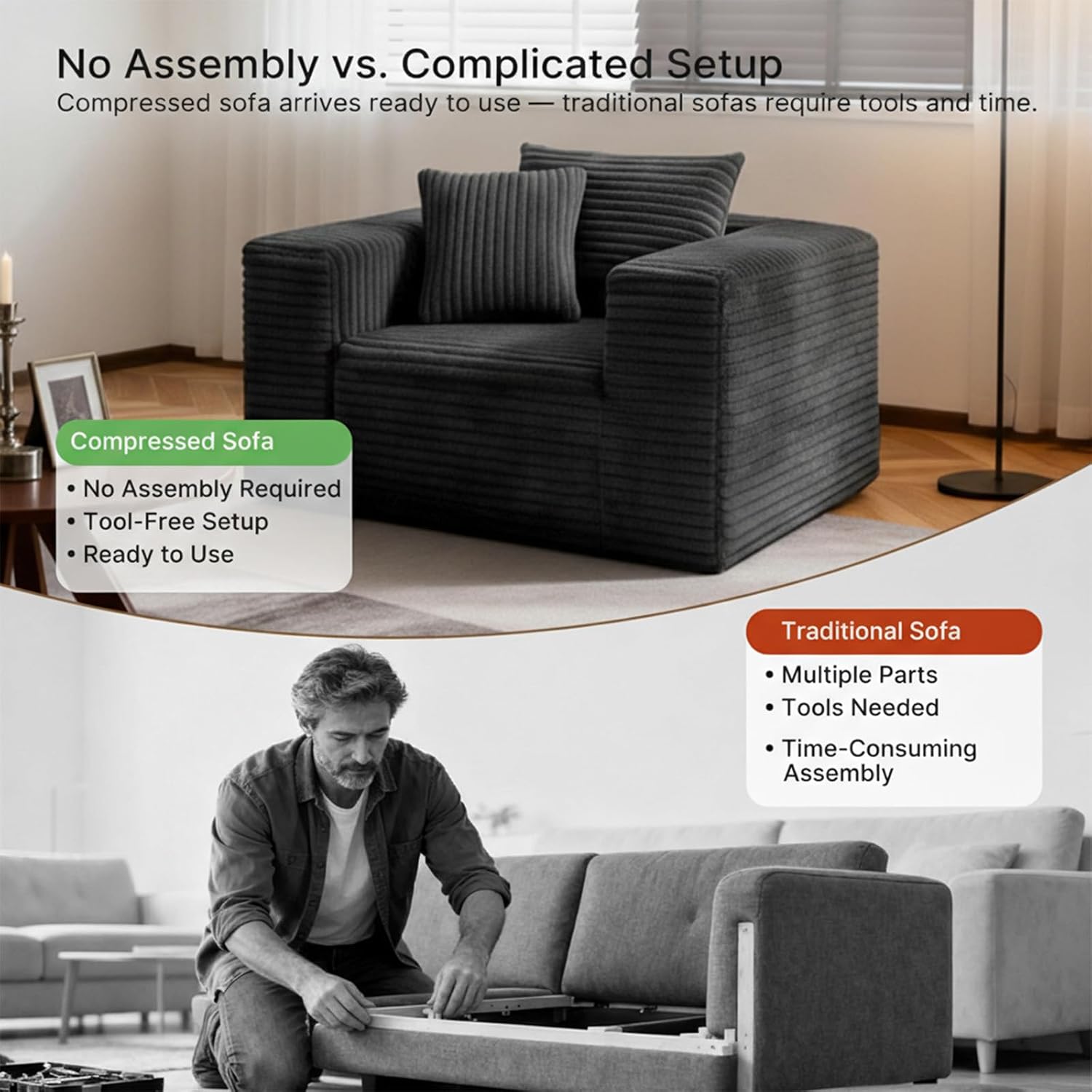 Single Cloud Sofa, High Backrest Wider Armrest Memory Foam Boneless Couch, Comfy Faux Fur Pillowed Single Seater No Assembly for Small Spaces Bedroom Dorm Office（Dark Gray）