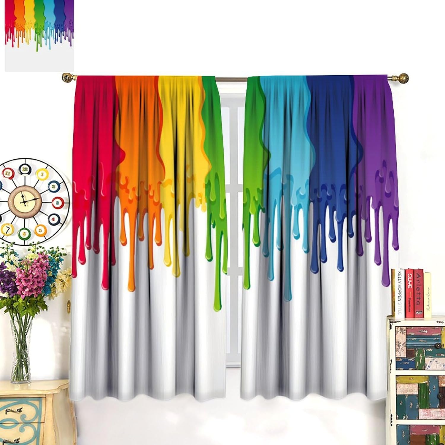 Rainbow Curtain Abstract Colorful Rainbow Cartoon Paint Leaking Splattered Drops Creative Graphic Blackout Window Drapes for Bedroom Living Room Kitchen Cafe Decor （W21xL45 Inch） x2 Panels